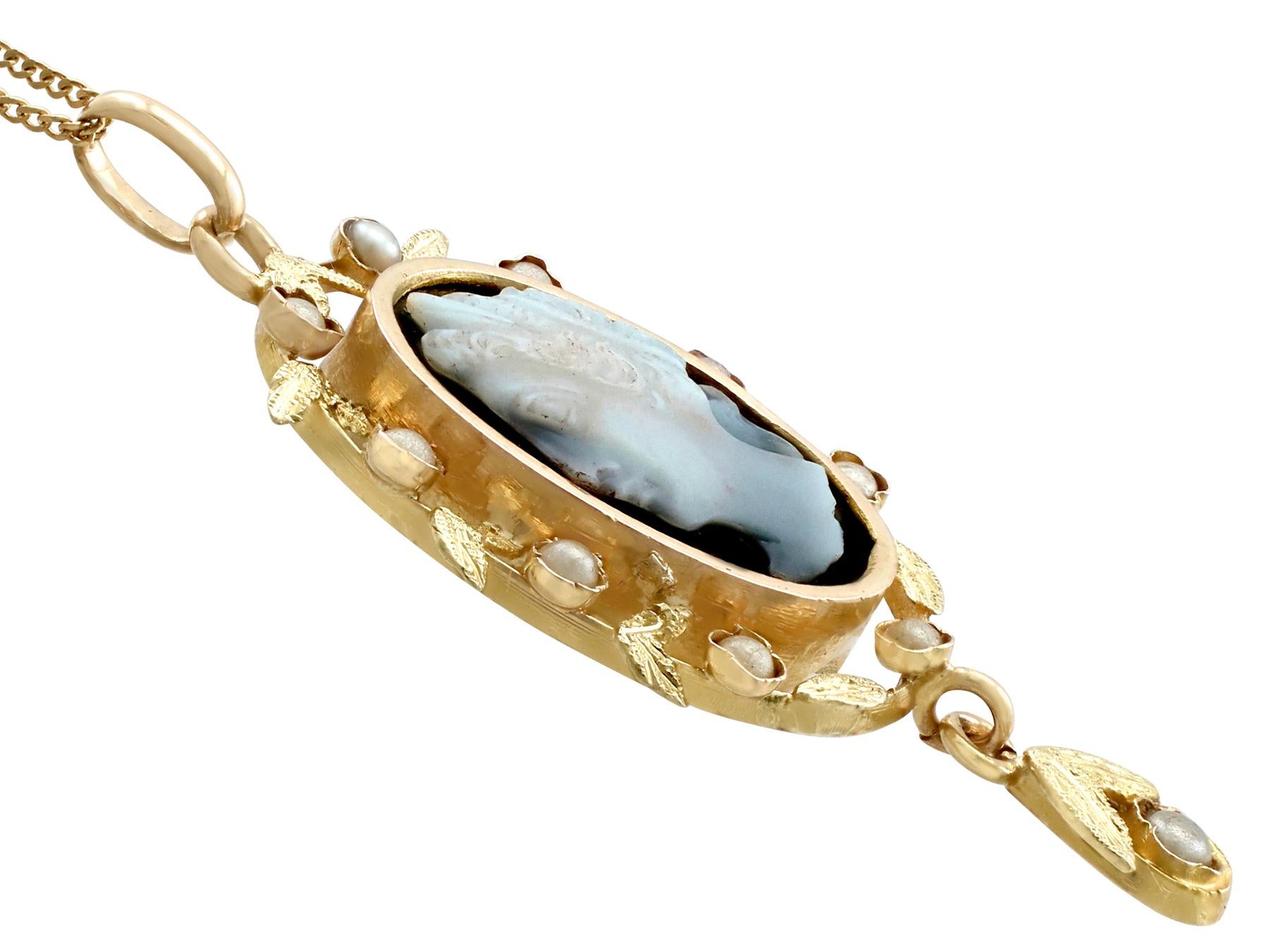 Cabochon Antique 1880s Hardstone and Seed Pearl Yellow Gold Cameo Pendant For Sale