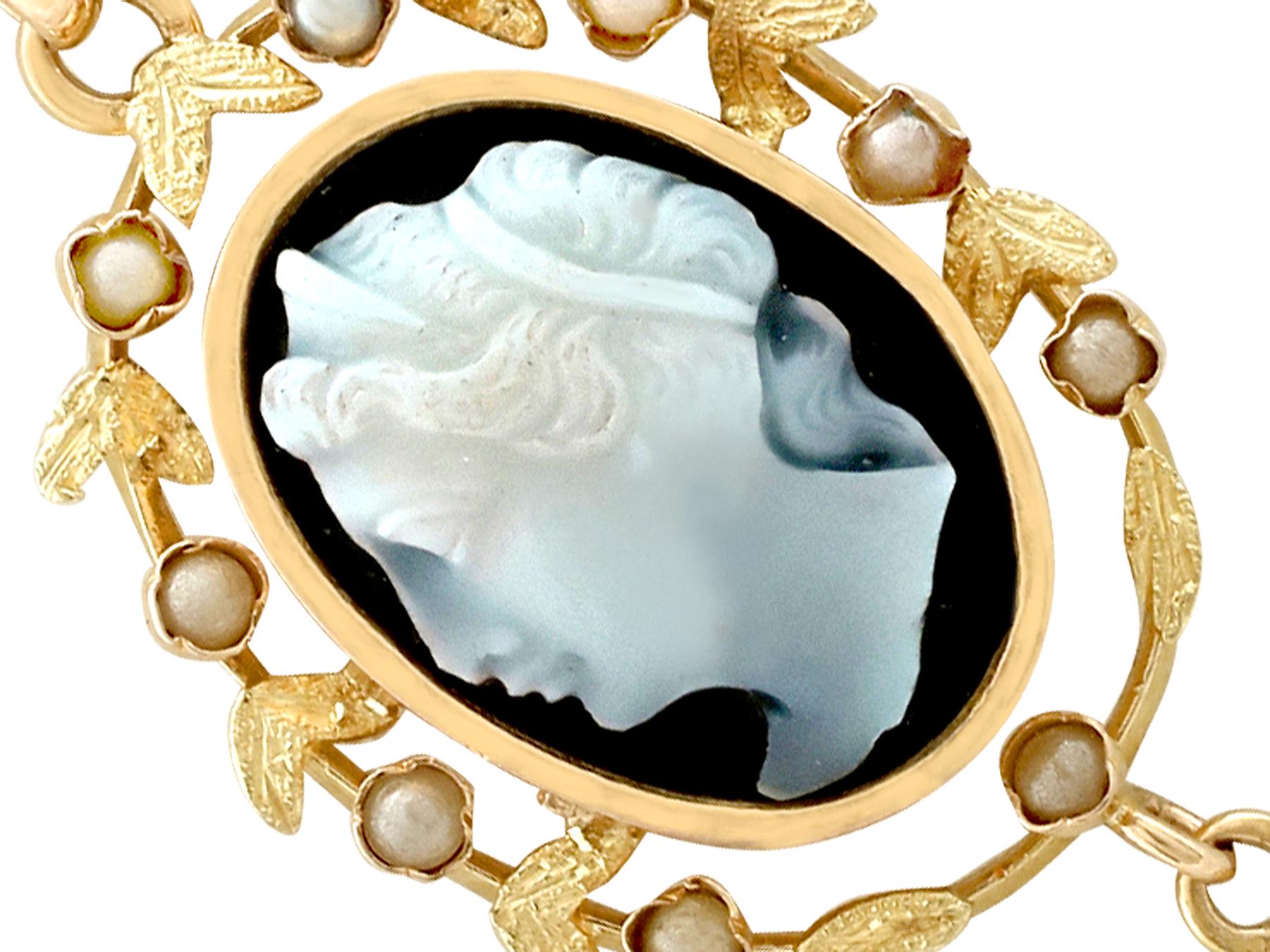 Women's Antique 1880s Hardstone and Seed Pearl Yellow Gold Cameo Pendant For Sale
