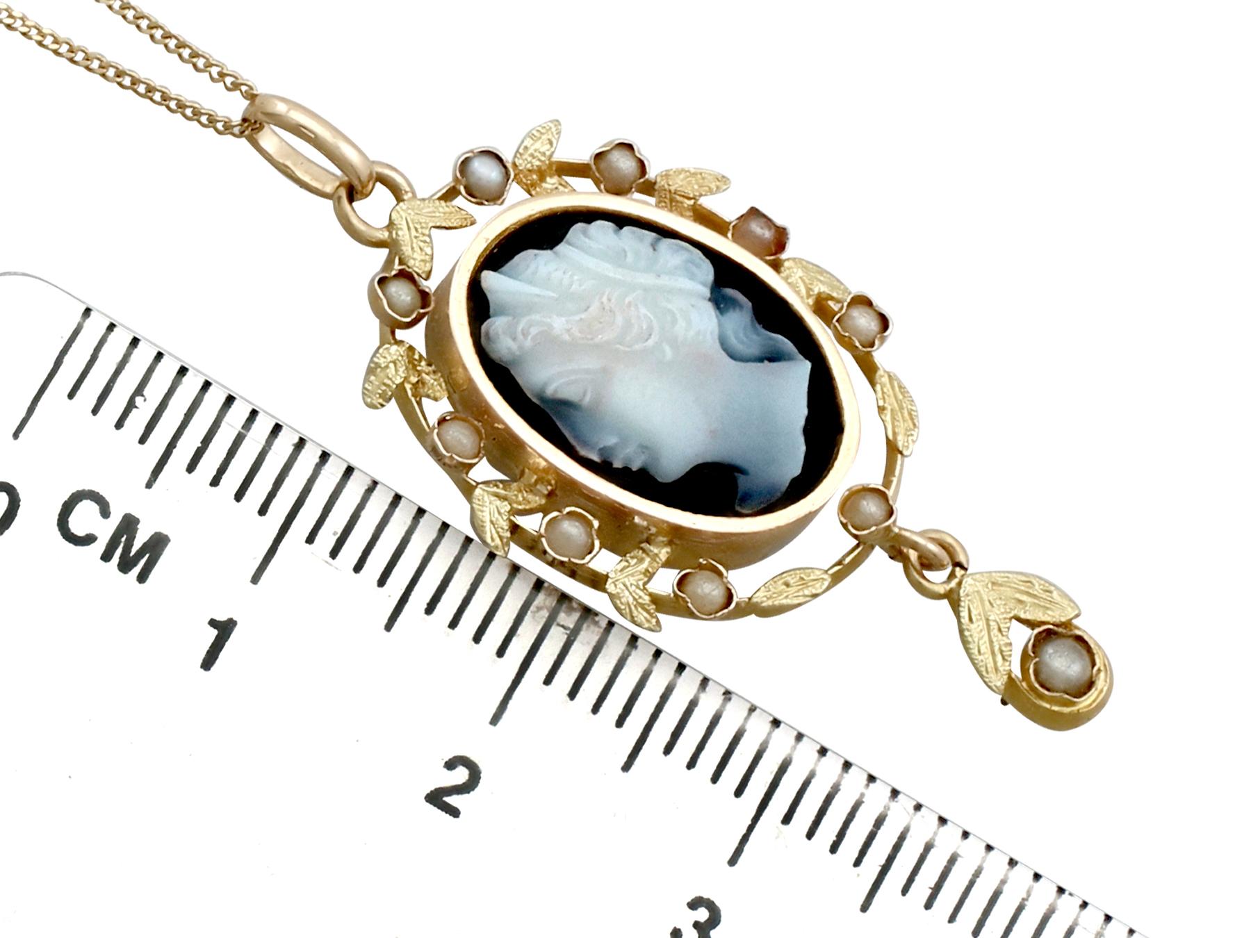 Antique 1880s Hardstone and Seed Pearl Yellow Gold Cameo Pendant For Sale 1