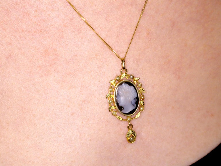 Antique 1880s Hardstone and Seed Pearl Yellow Gold Cameo Pendant For ...