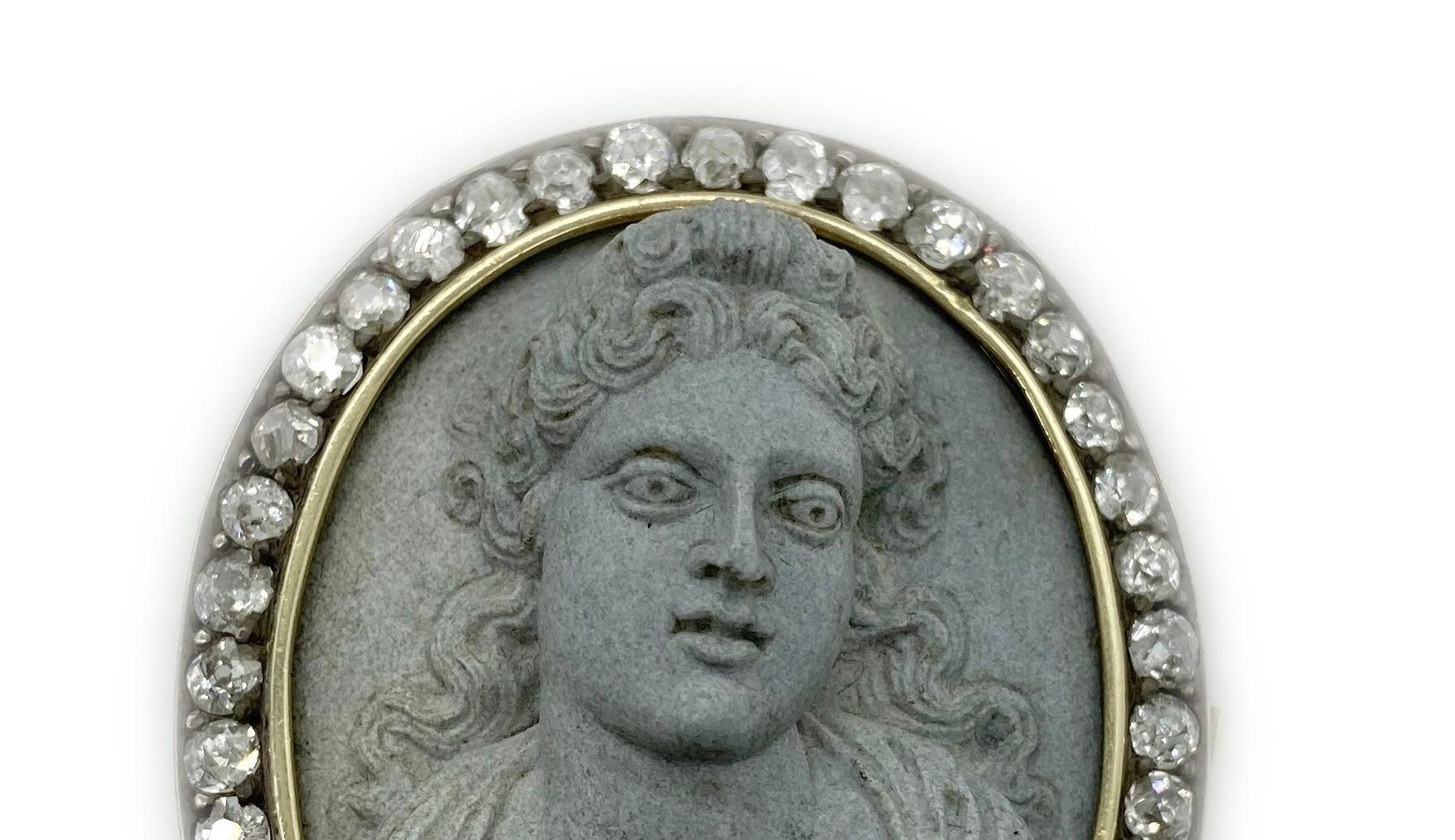 Neoclassical Antique Hardstone Cameo and Diamond Brooch For Sale