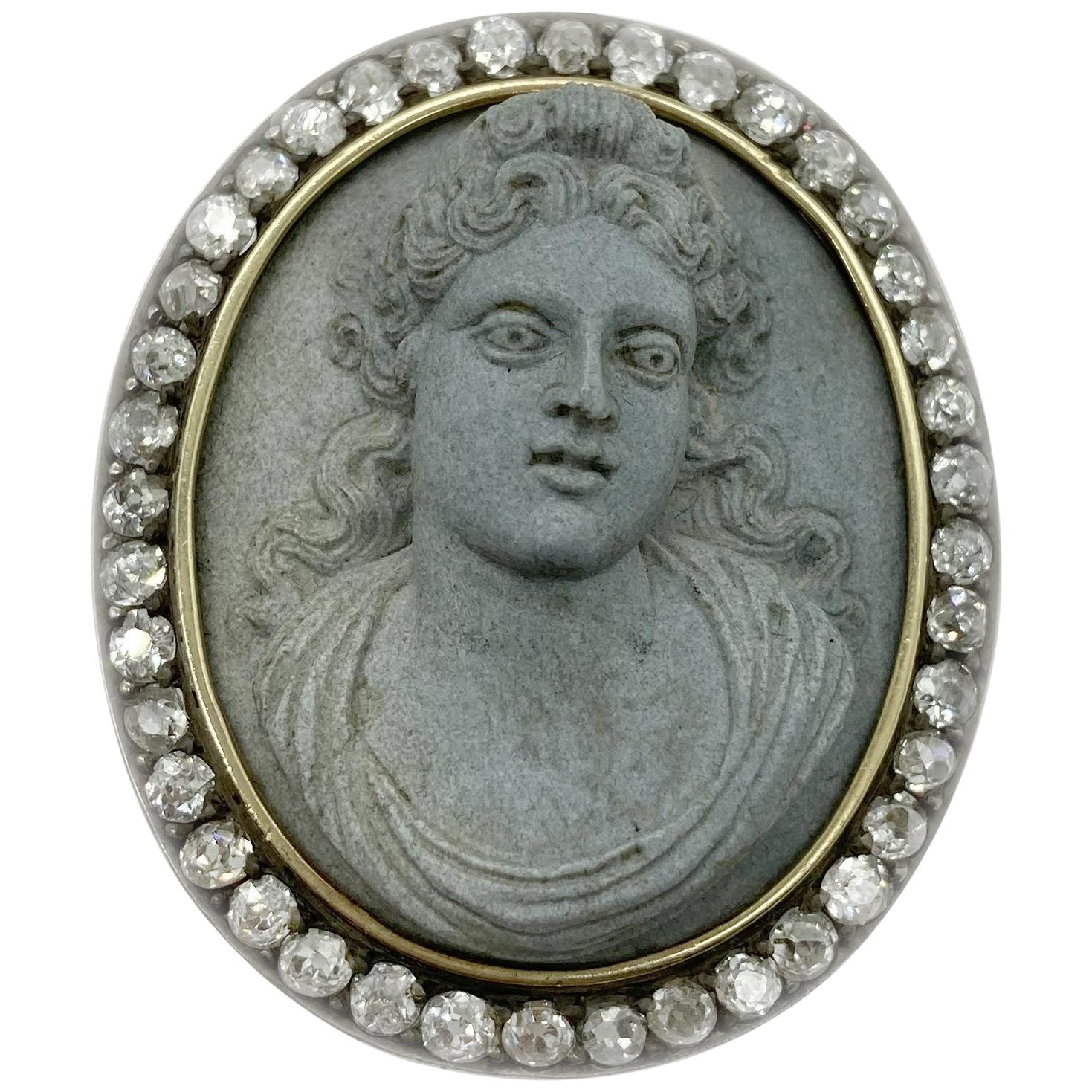 Antique Hardstone Cameo and Diamond Brooch