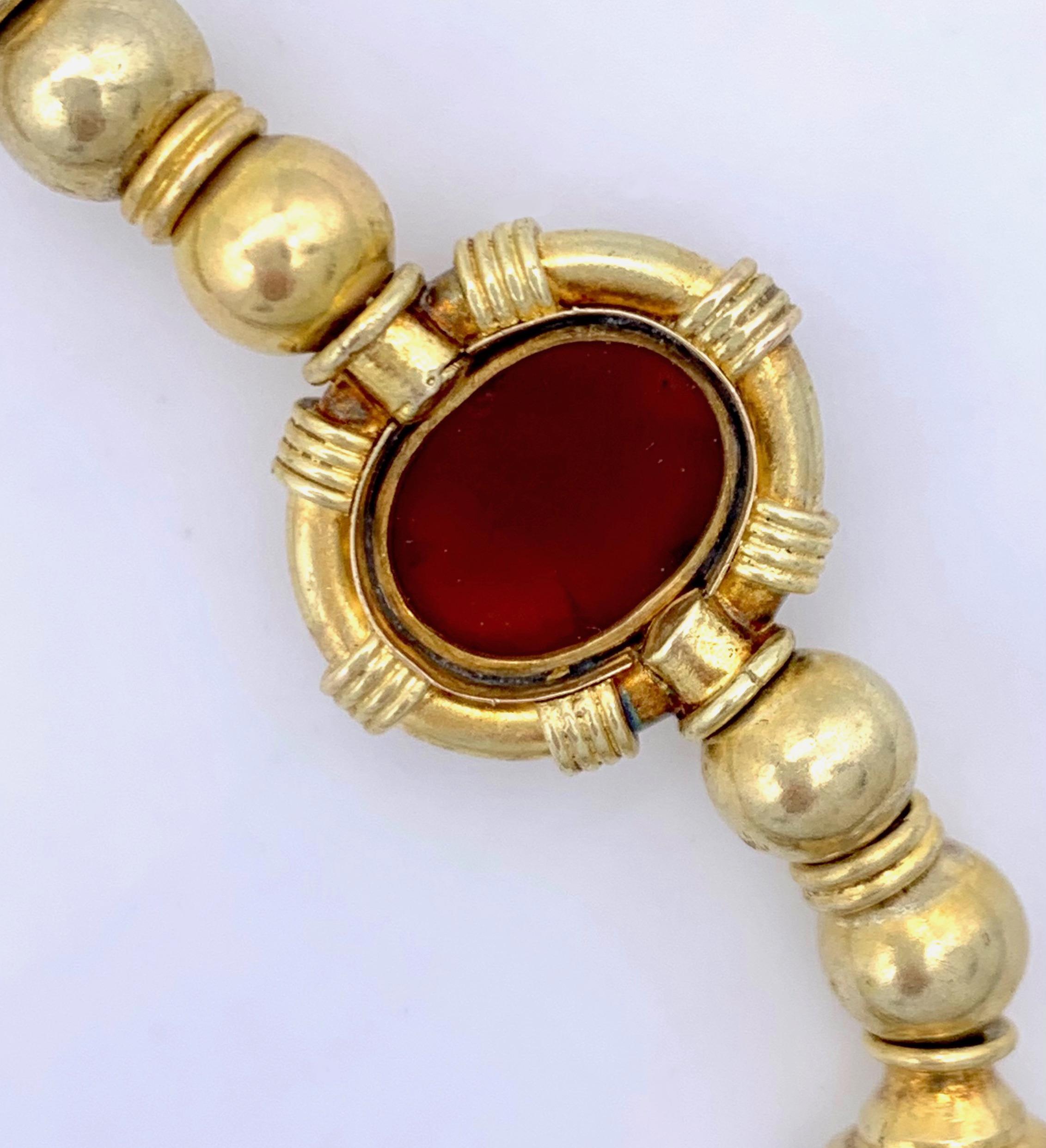 Antique Hardstone Intaglio Necklace 14 Karat Gold Ball Chain For Sale 2