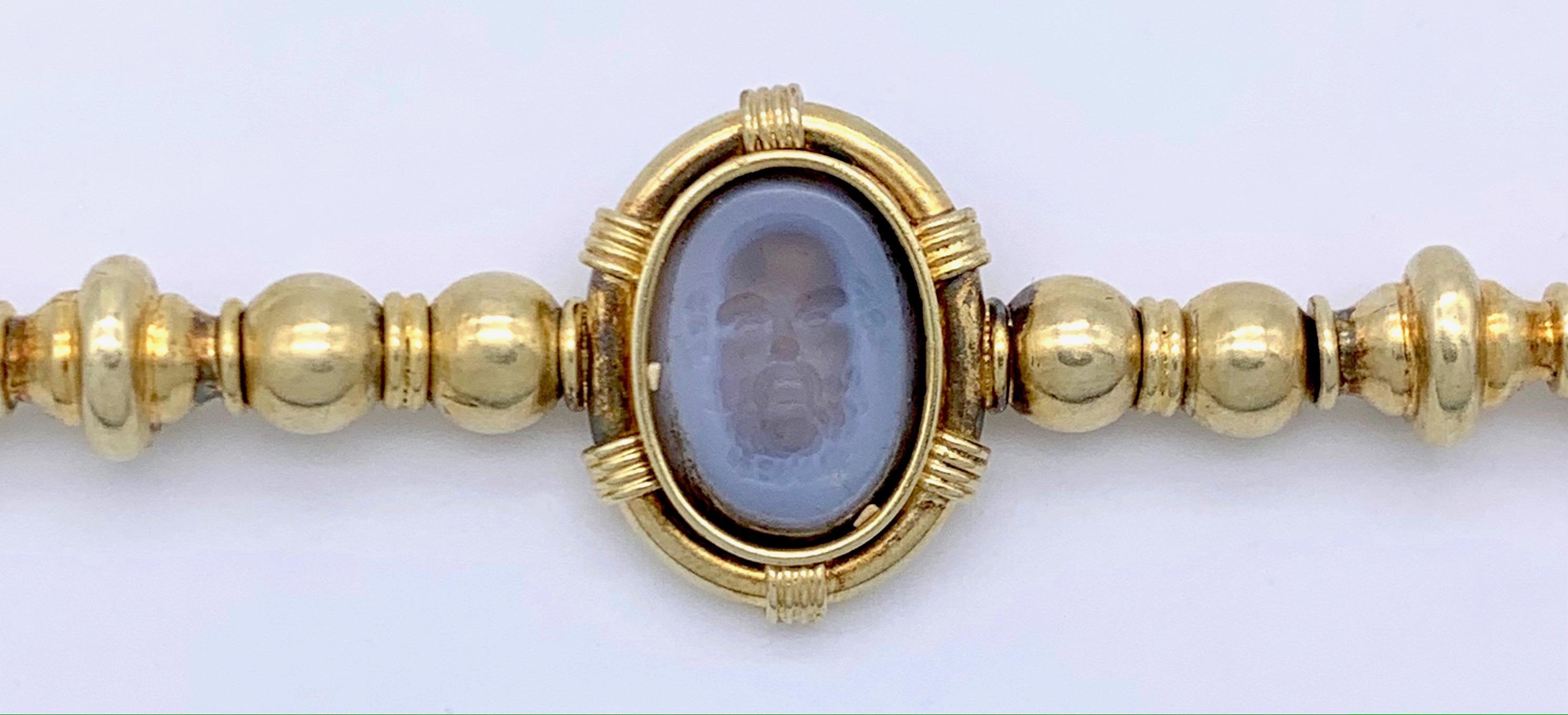 Antique Hardstone Intaglio Necklace 14 Karat Gold Ball Chain For Sale 3
