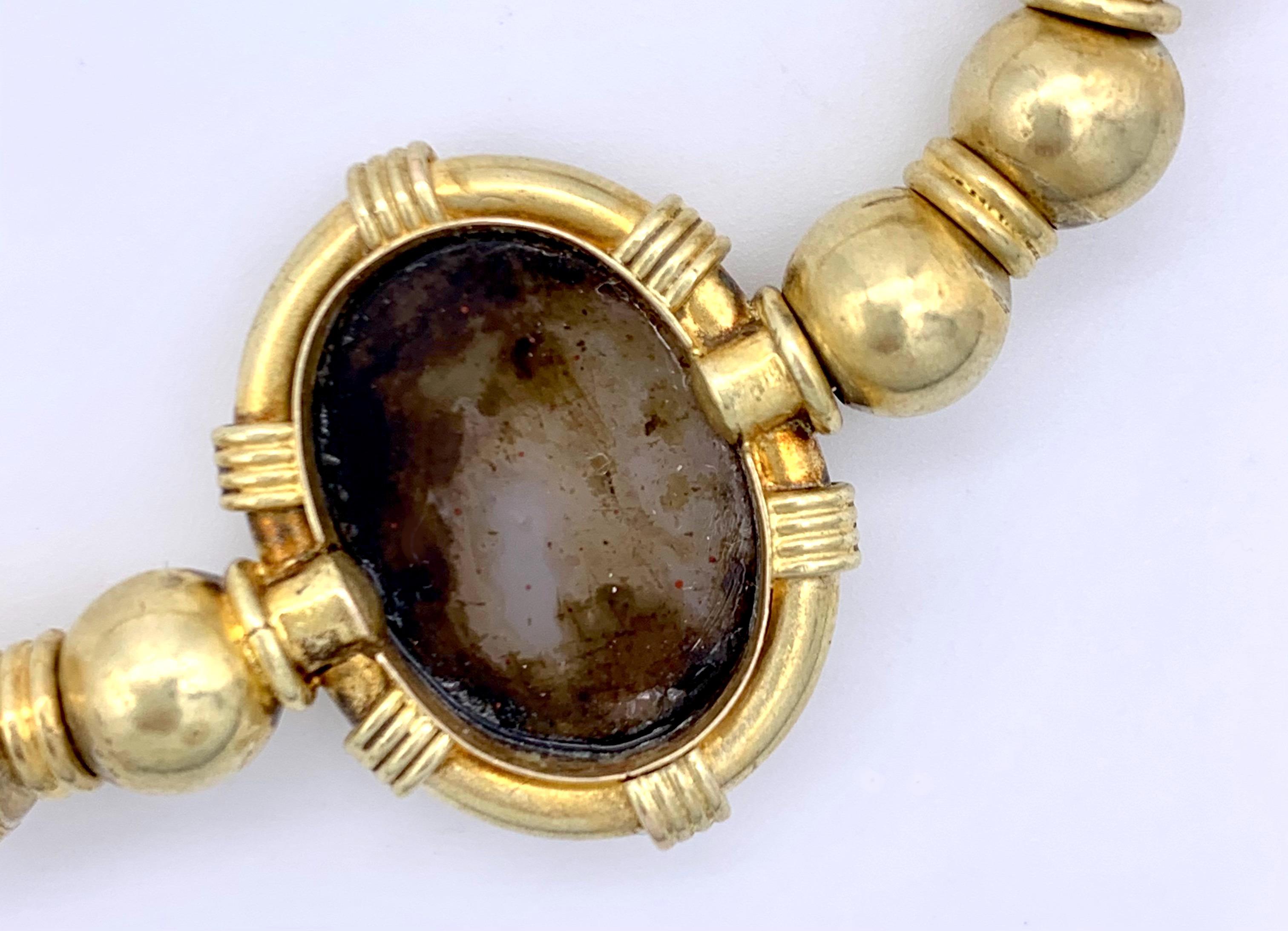 Antique Hardstone Intaglio Necklace 14 Karat Gold Ball Chain For Sale 4