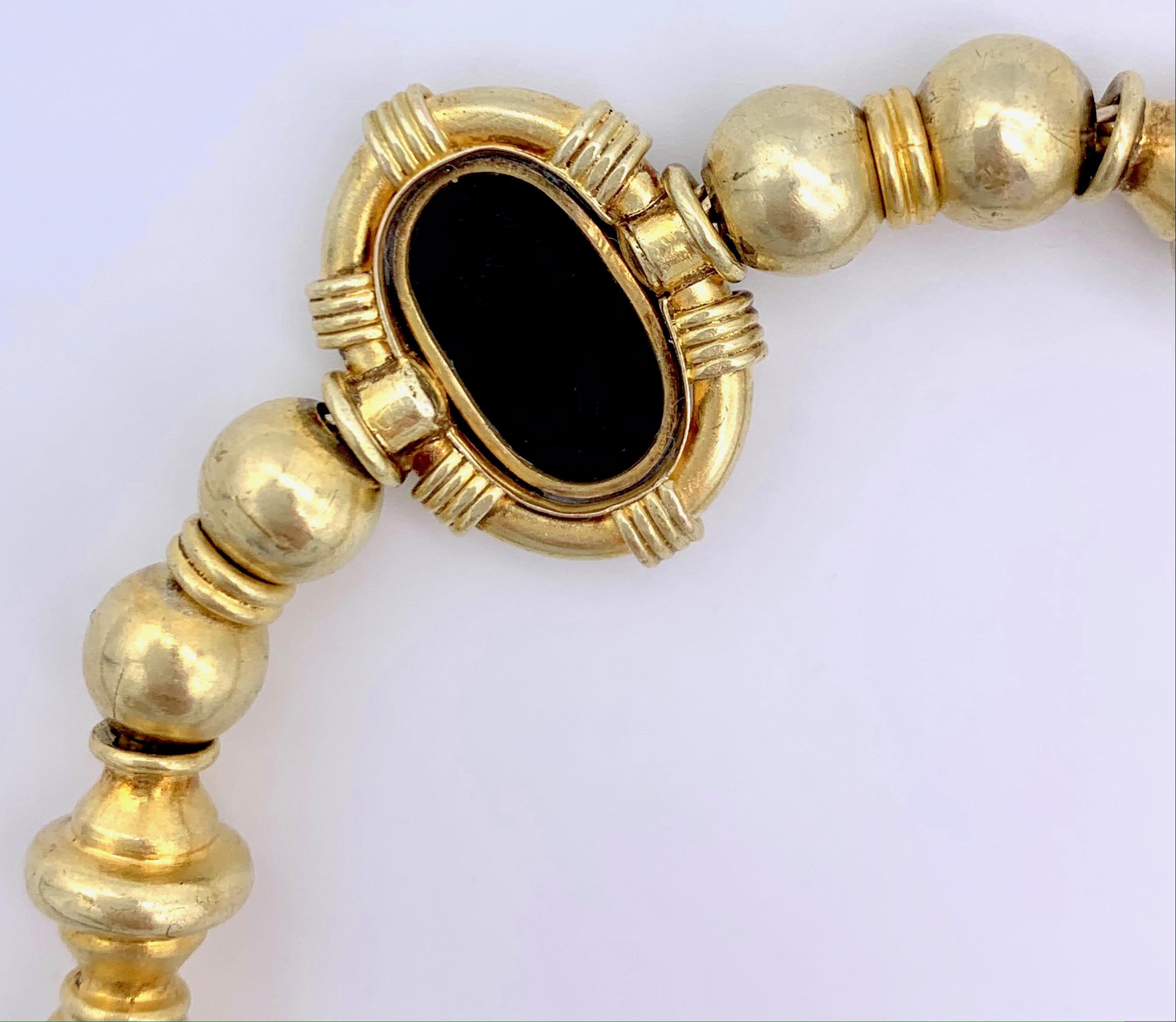 High Victorian Antique Hardstone Intaglio Necklace 14 Karat Gold Ball Chain For Sale