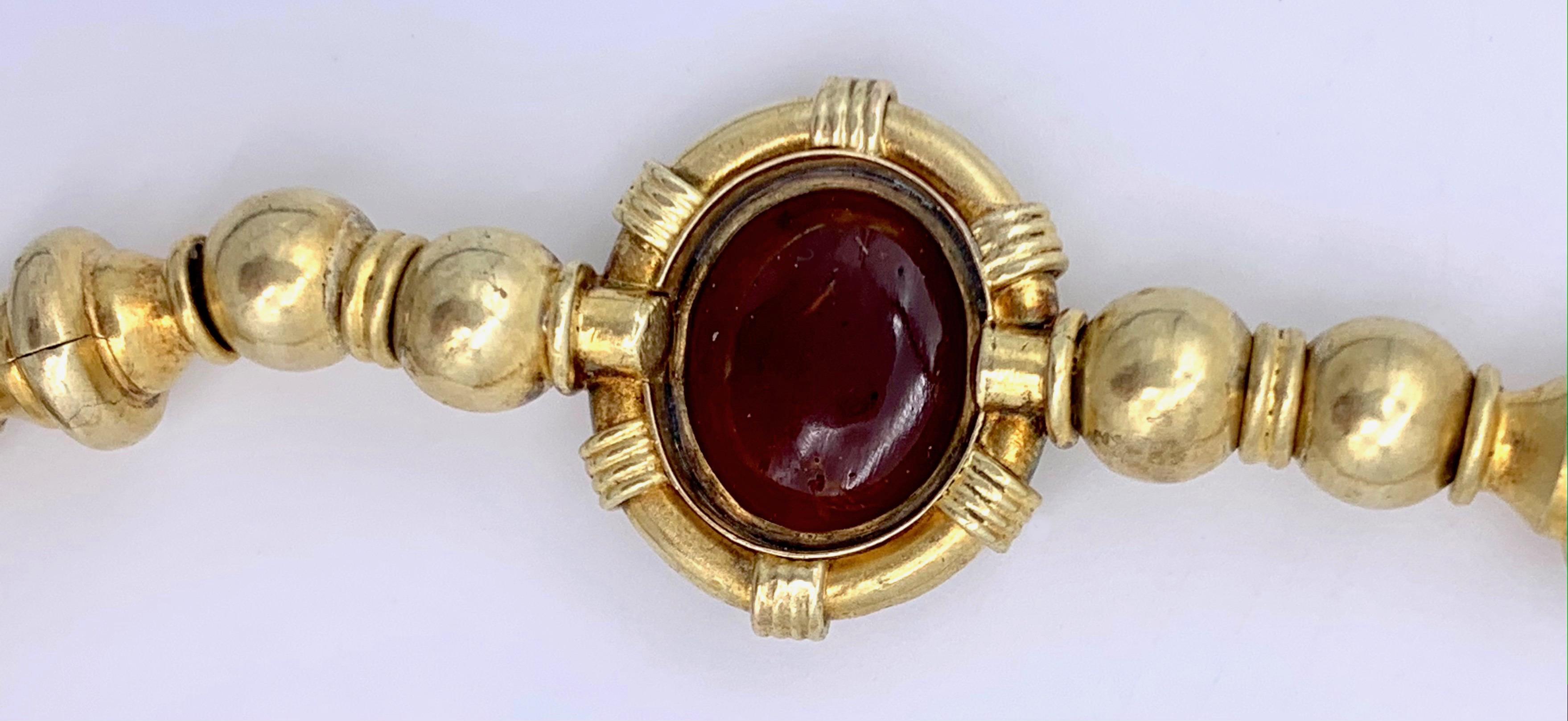 Women's Antique Hardstone Intaglio Necklace 14 Karat Gold Ball Chain For Sale