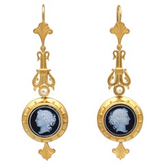 Antique Hardstone Pearl and 22k Yellow Gold Cameo Drop Earrings Circa 1890