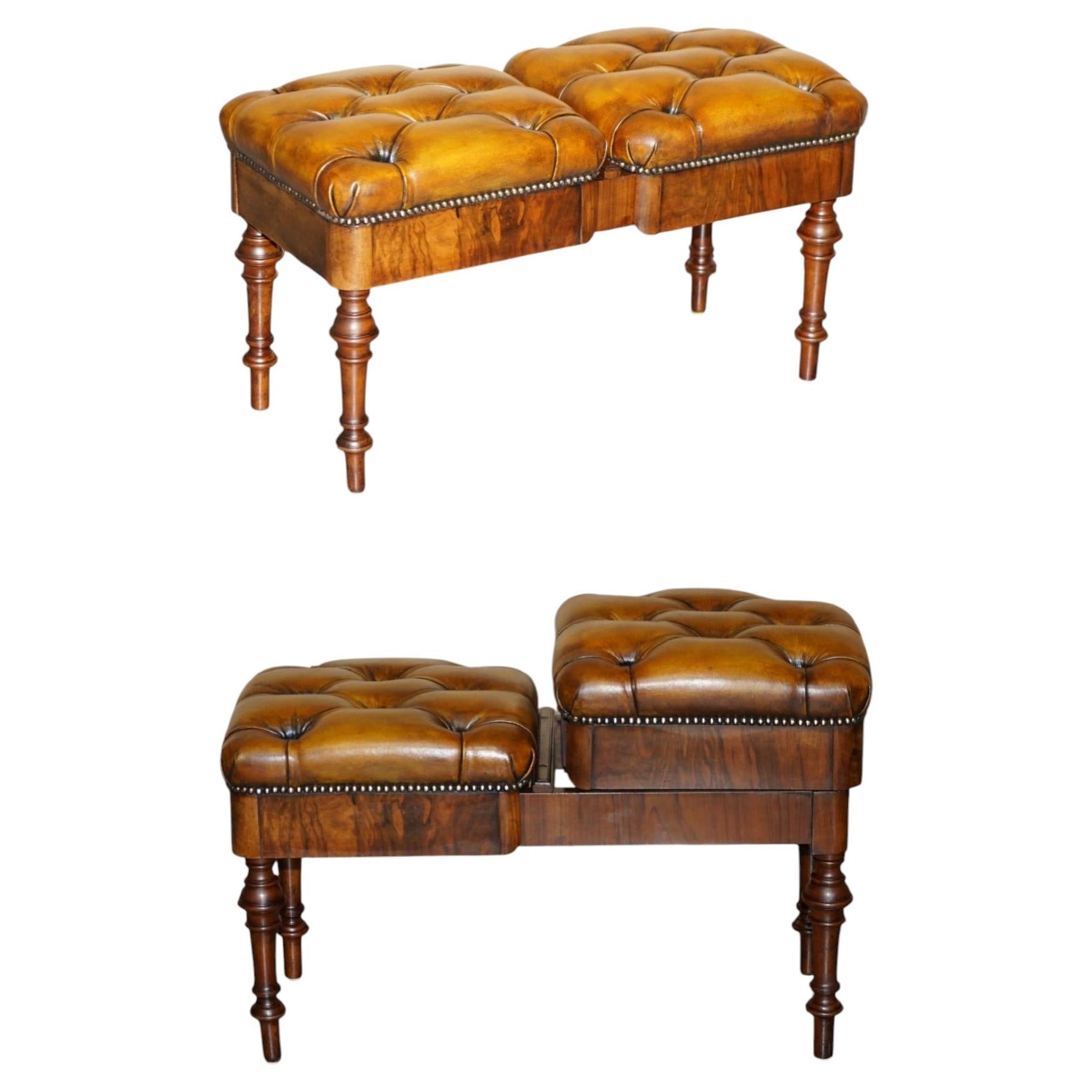 ANTIQUE HARDWOOD CHESTERFIELD LEATHER WADMAN BROTHERS RISE & FALL PiANO STOOL