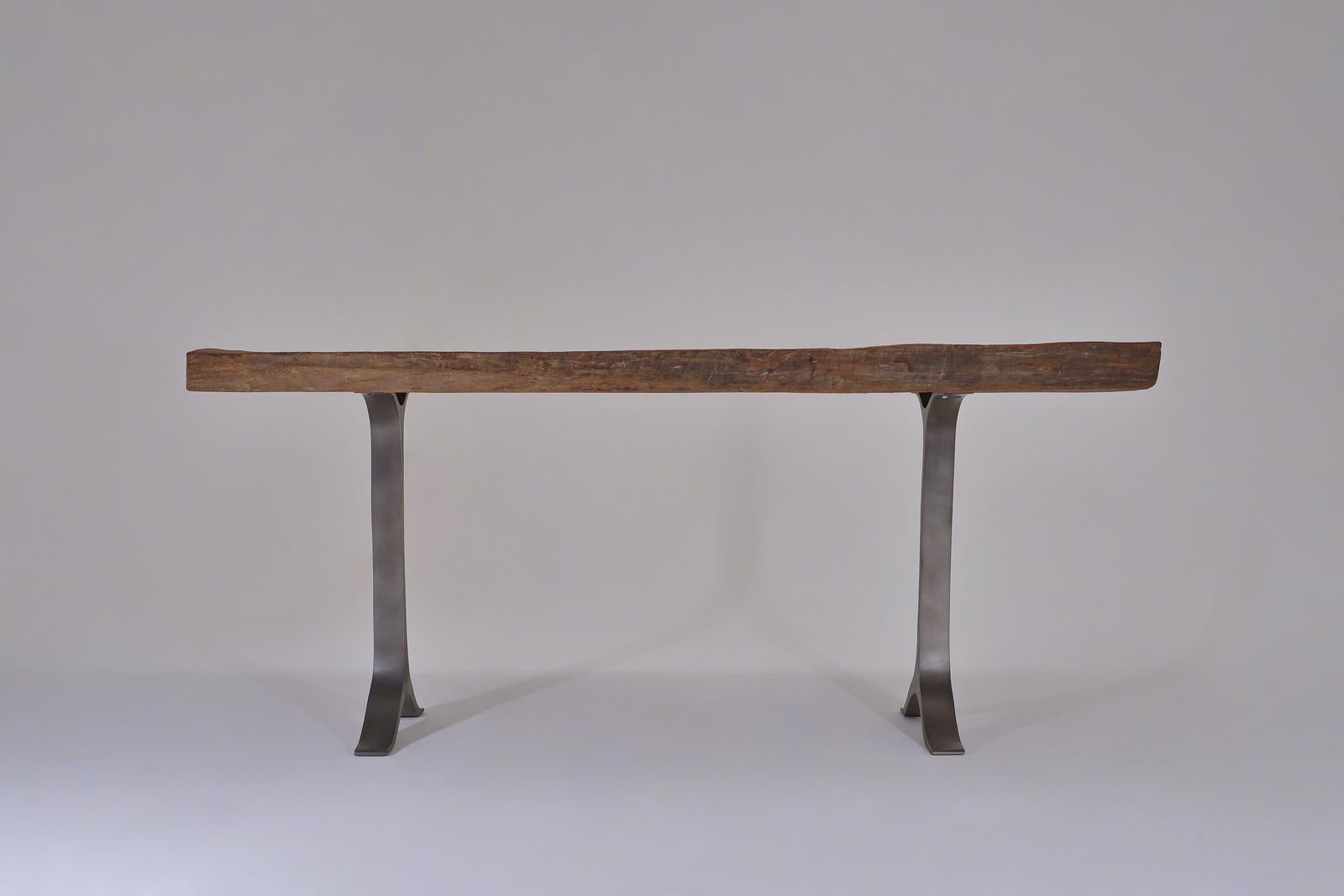 Minimalist Antique Hard Wood Console Table, Sand-Cast Aluminum Base by P. Tendercool For Sale