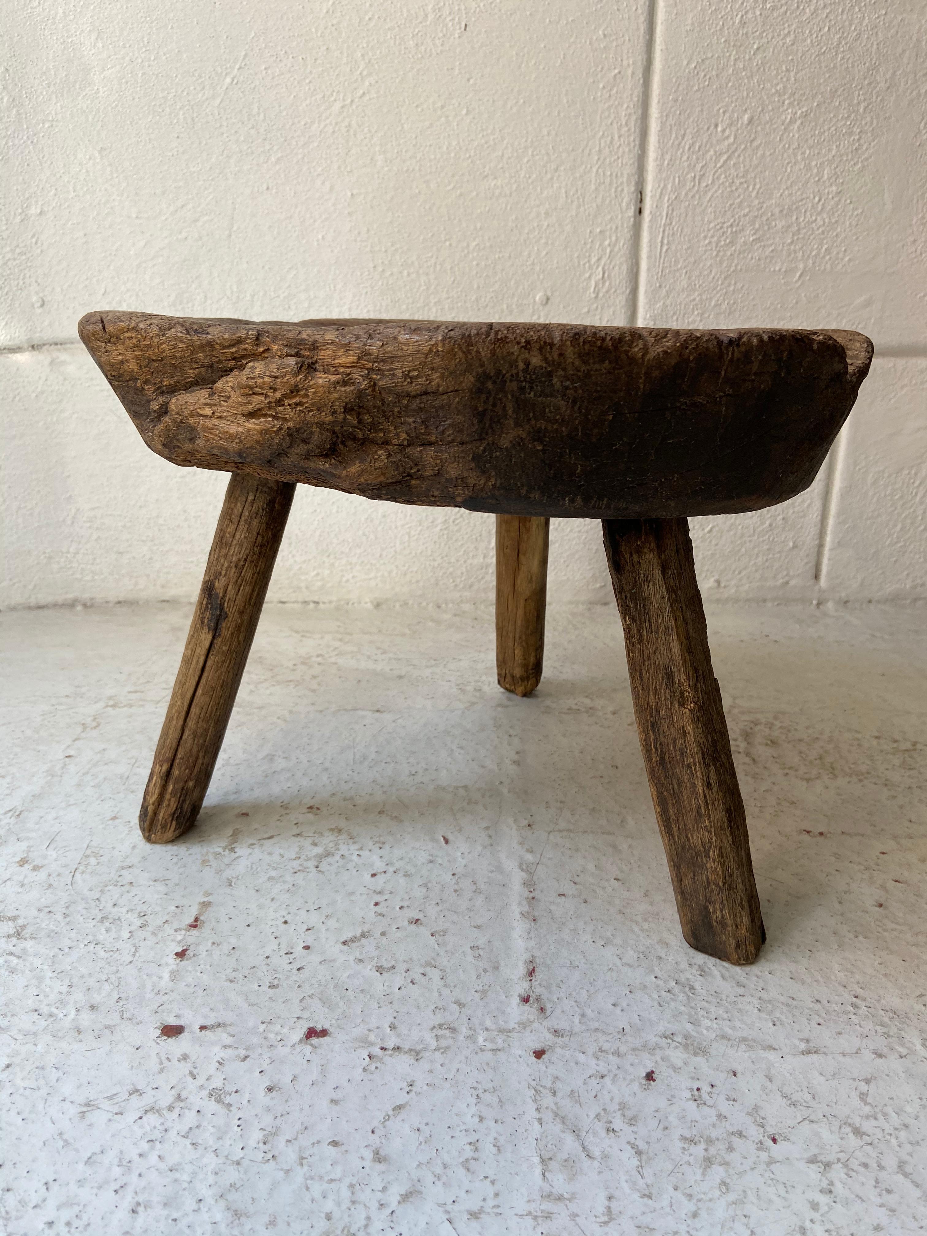 Mesquite low stool from San Felipe, Guanajuato, circa early 1900s. All hand carved, all original legs.