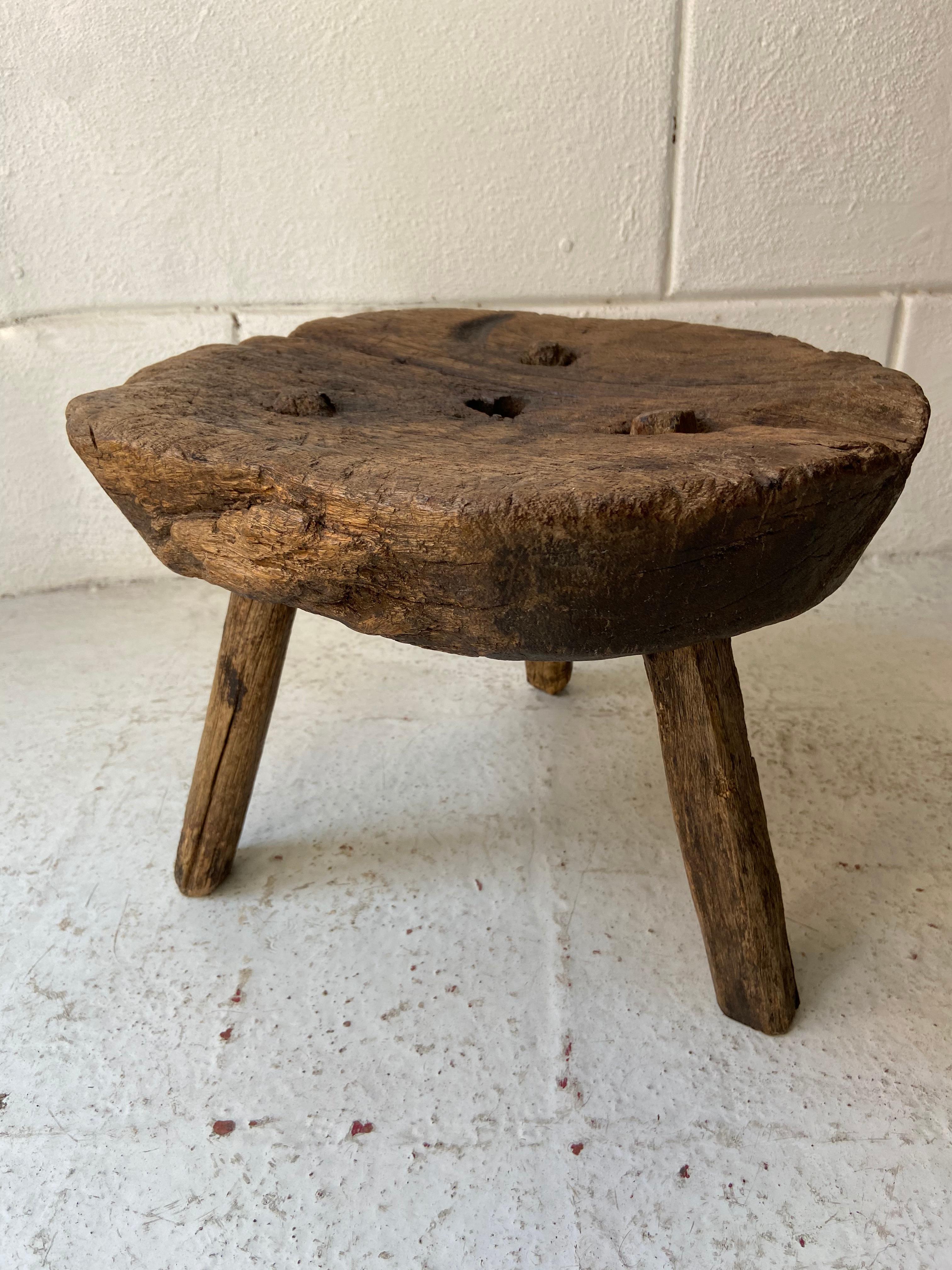 Hand-Carved Antique Hardwood Stool from Guanajuato, Mexico