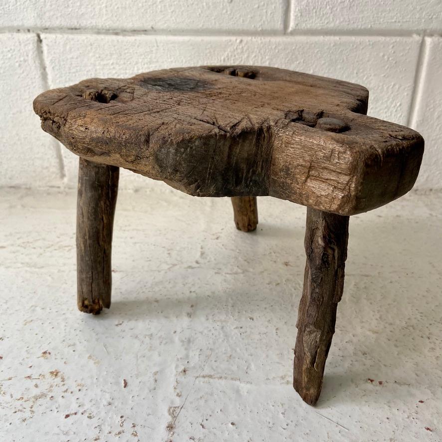 19th century, fully restored antique mesquite stool from San Felipe, Mexico. Unusual shape and patina from heavy ware.