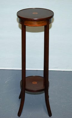 ANTIQUE HARDWOOD TWO TIER PLANT STAND WITH STARBURST MARQUETRY iNLAY