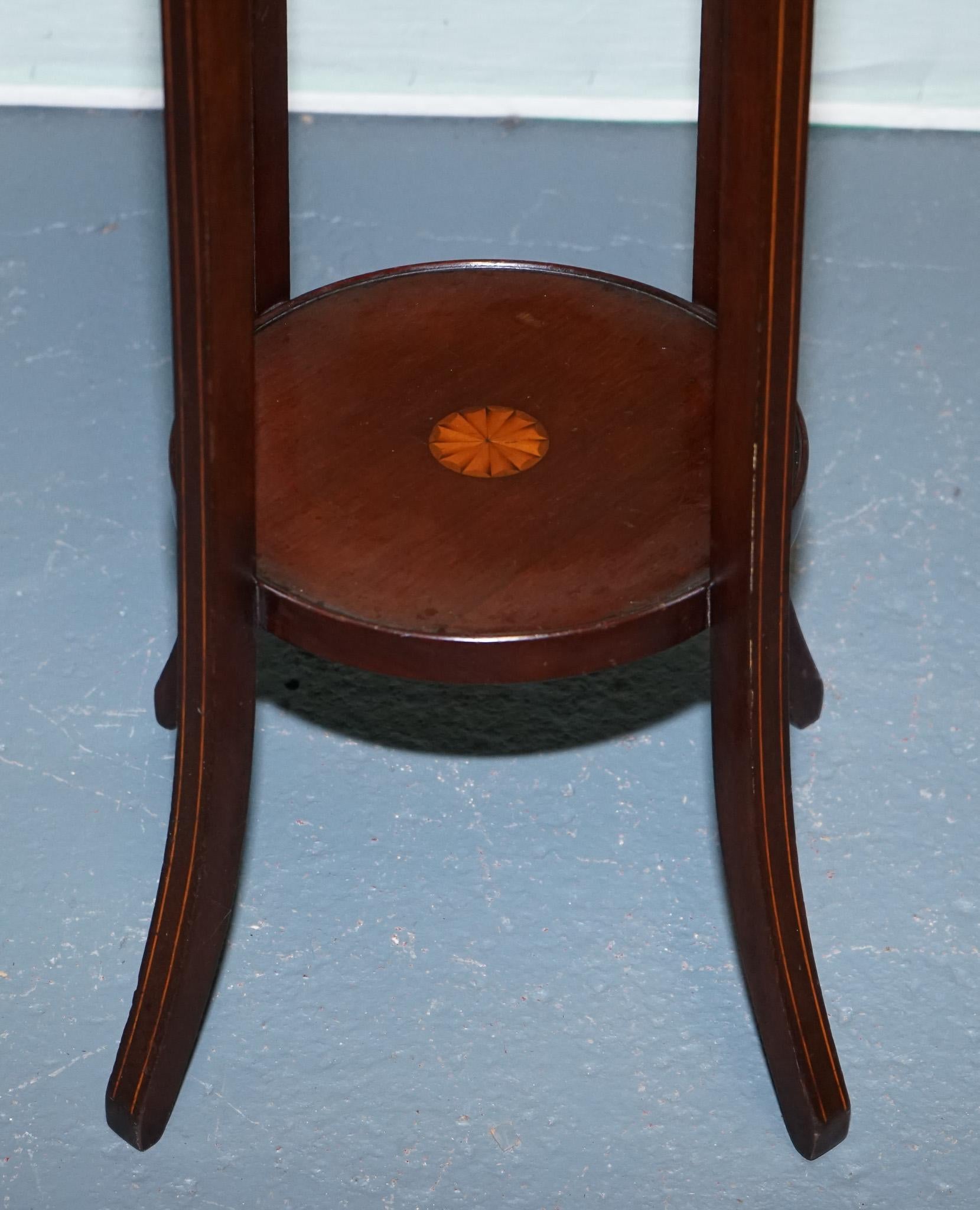 20ième siècle ANTIQUE HARDWOOD TWO TIER PLANT STAND WITH STARBURST MARQUETRY iNLAY en vente