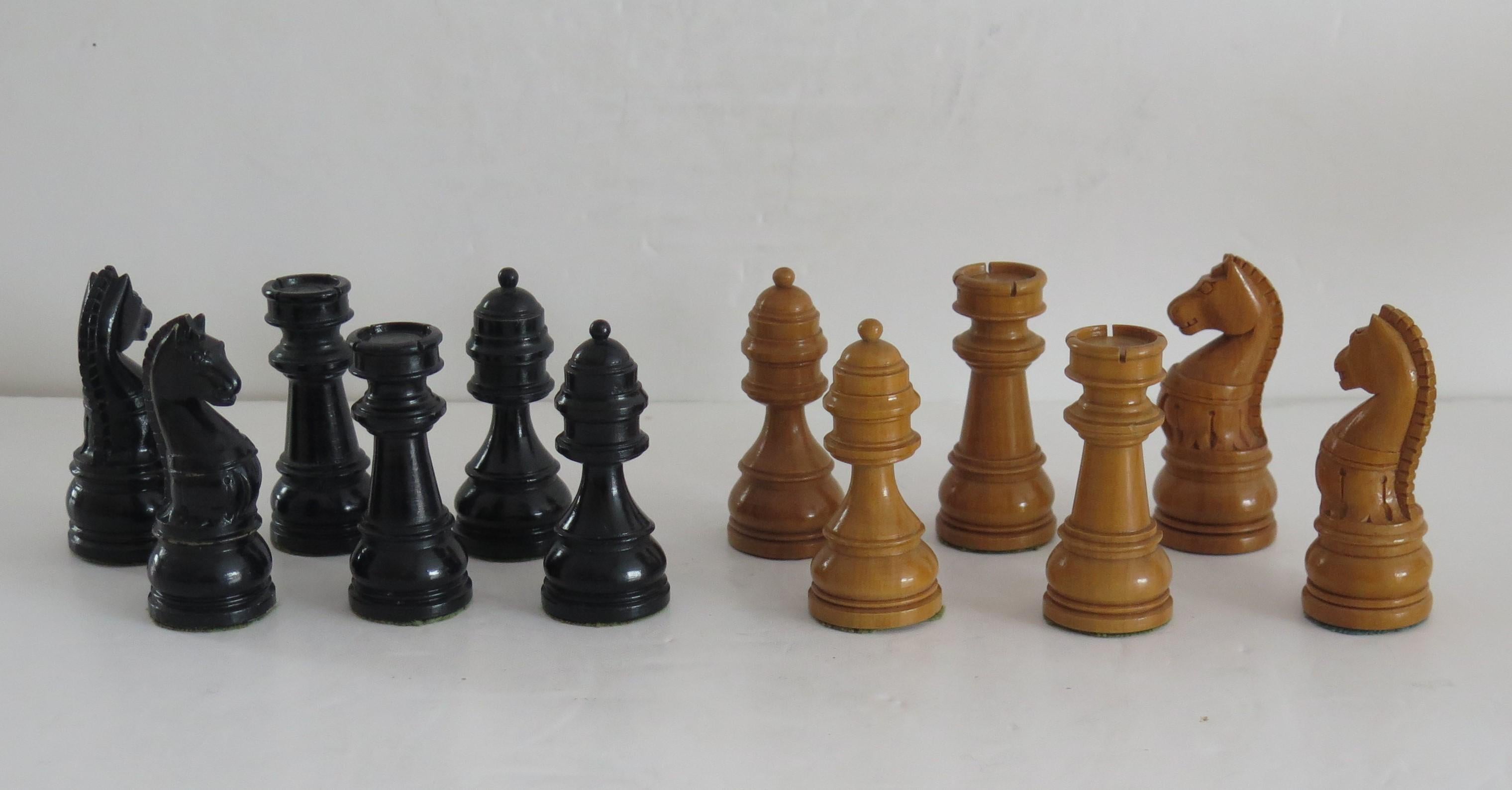 Antique Hardwood Weighted Chess Set in Chess Board Box Kings, Ca 1900 6