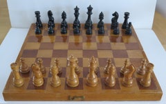 Antique Hardwood Weighted Chess Set in Chess Board Box Kings, Ca 1900