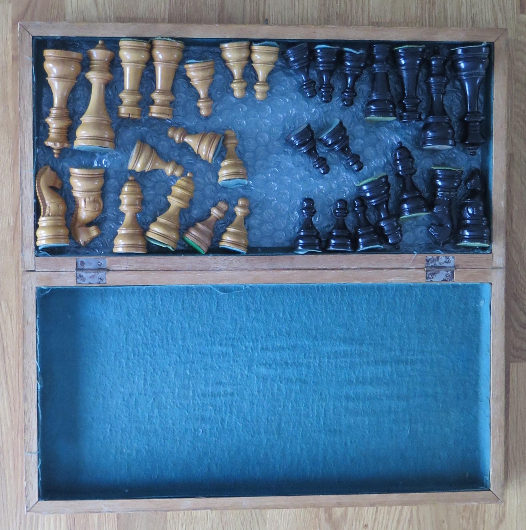 British Antique Hardwood Weighted Chess Set in Chess Board Box Kings, Ca 1900
