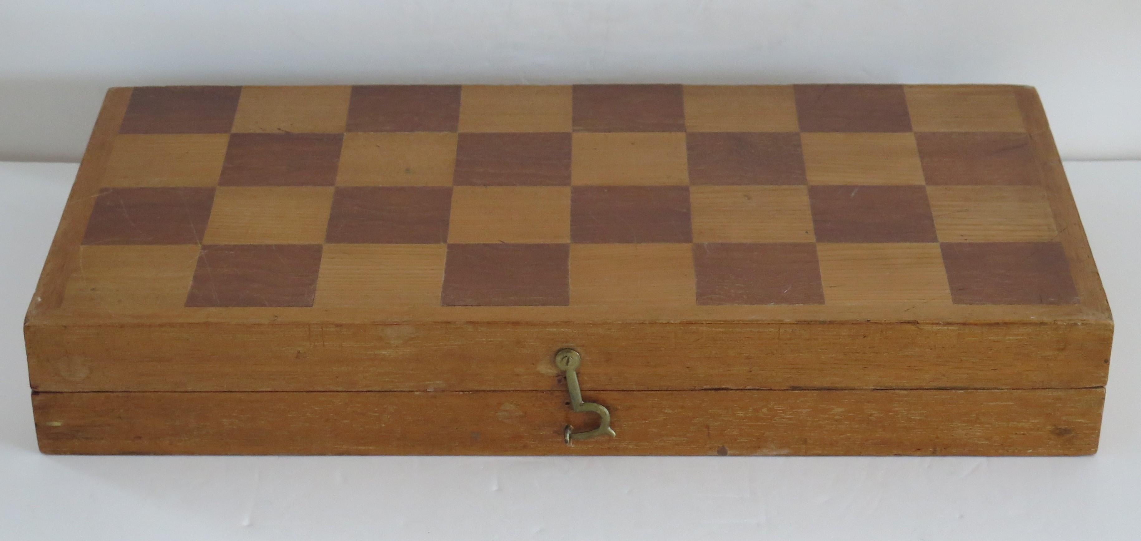 20th Century Antique Hardwood Weighted Chess Set in Chess Board Box Kings, Ca 1900