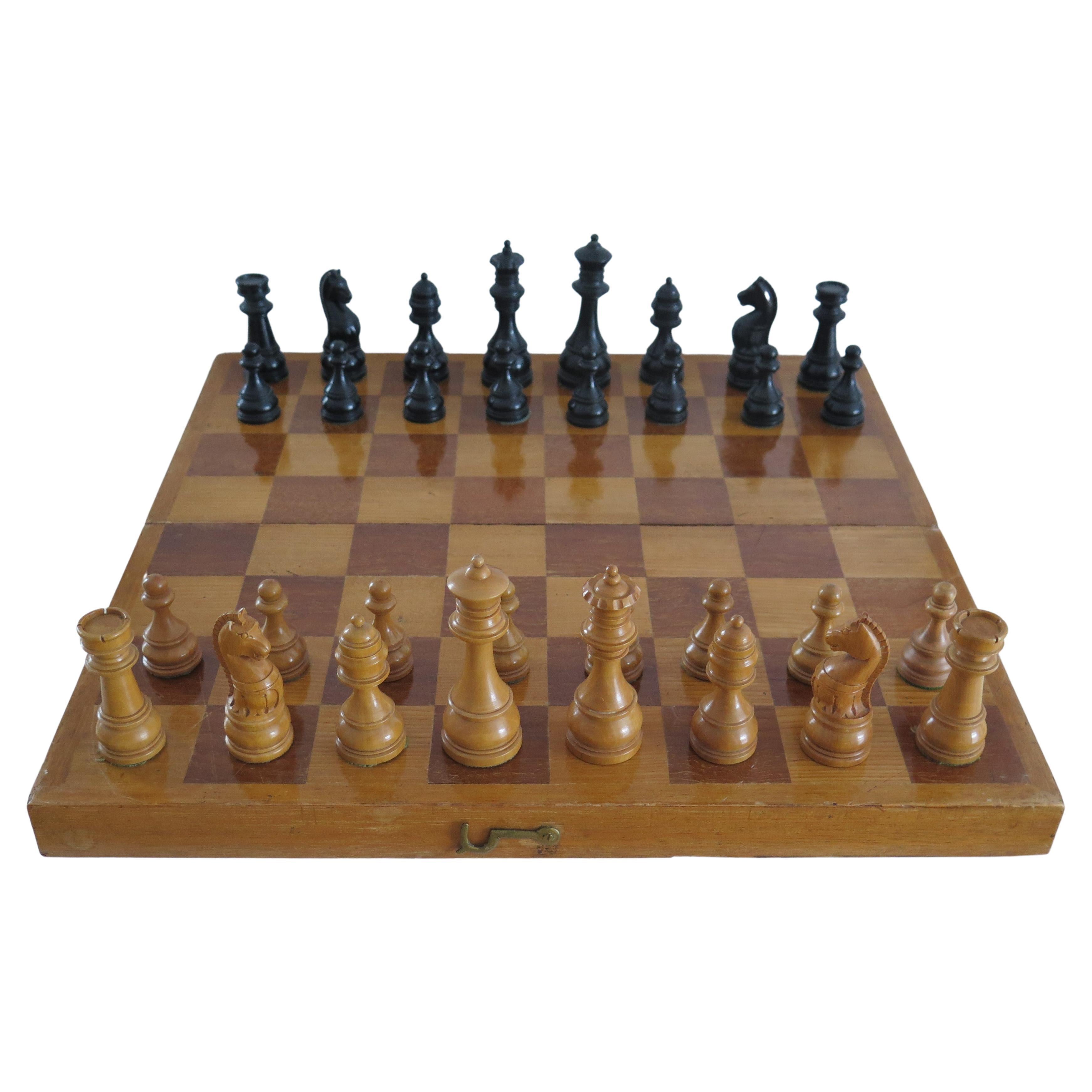Antique Hardwood Weighted Chess Set in Chess Board Box Kings, Ca 1900