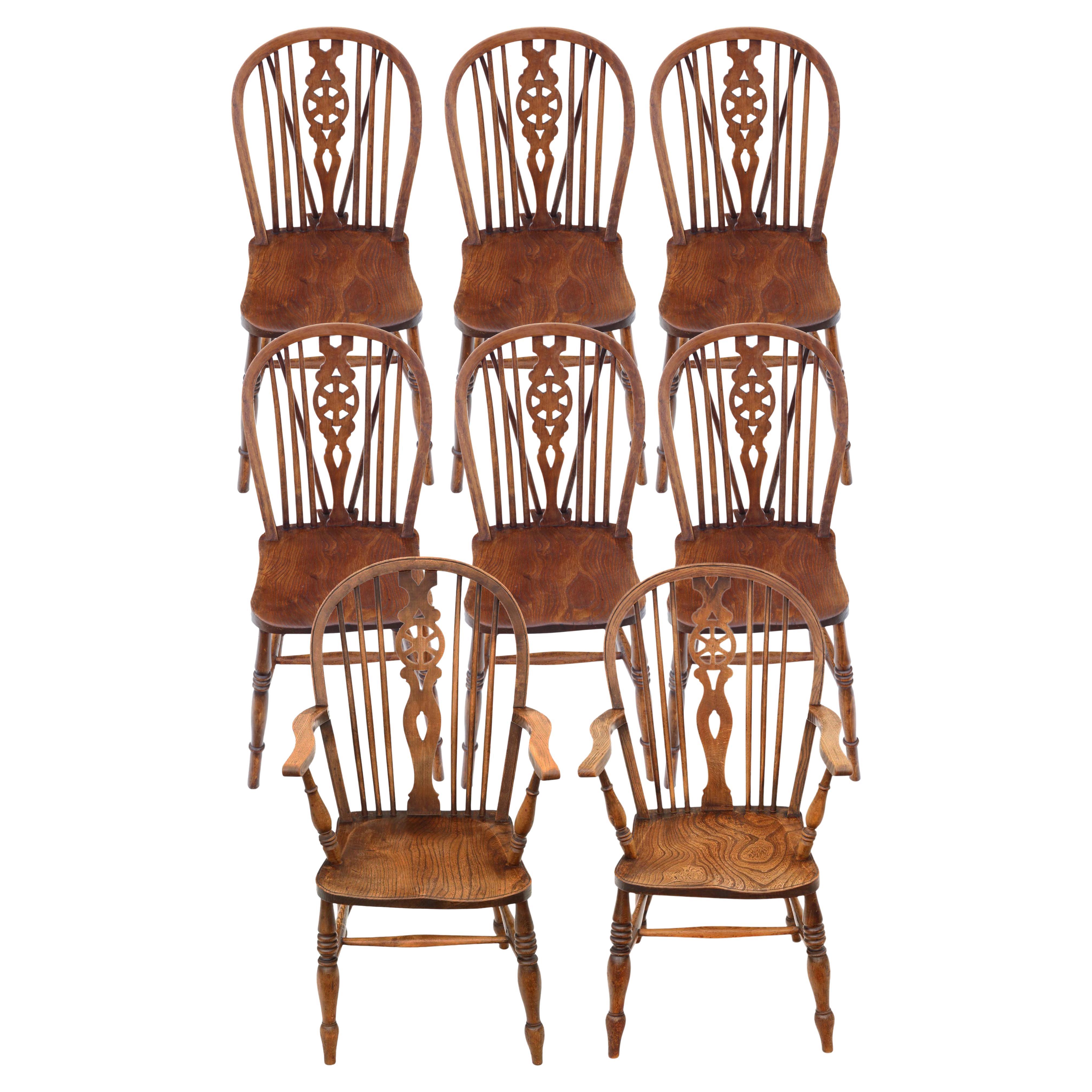 Ensemble d'antiquités de 8 (6 plus 2) chaises de salle à manger de cuisine en hêtre d'orme C1910