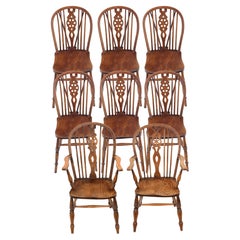 Antique harlequin set of 8 (6 plus 2) ash elm beech kitchen dining chairs C1910