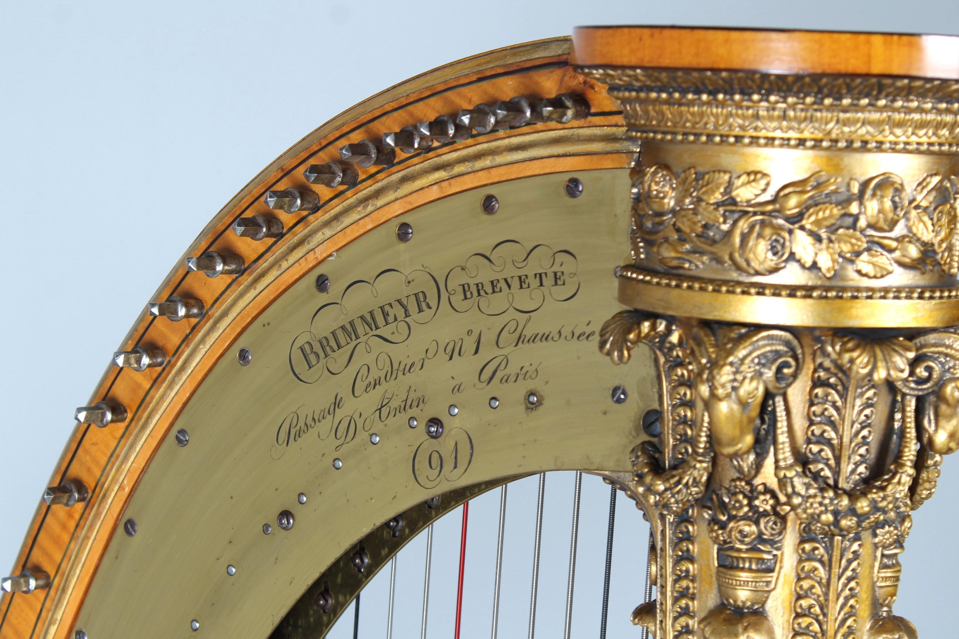 Antique harp by Brimmeyr

Workshop Brimmeyr à Paris
wood, stucco
around 1826

Dimensions: H x W x D: 167 x 47 x 80 cm

Description:
Beautiful and extremely elegant pedal harp with 43 strings from the workshop of the famous harp maker Brimmeyr in