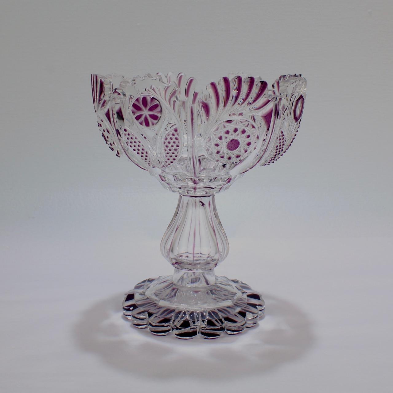 Victorian Antique Harrach Bohemian Purple Cut to Clear Glass Compote or Footed Bowl For Sale