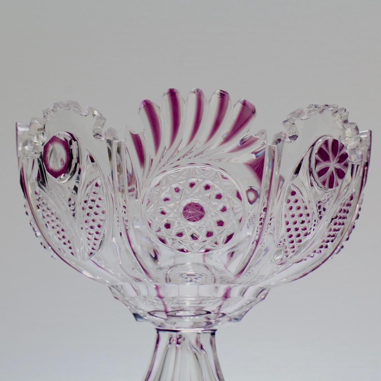 German Antique Harrach Bohemian Purple Cut to Clear Glass Compote or Footed Bowl For Sale