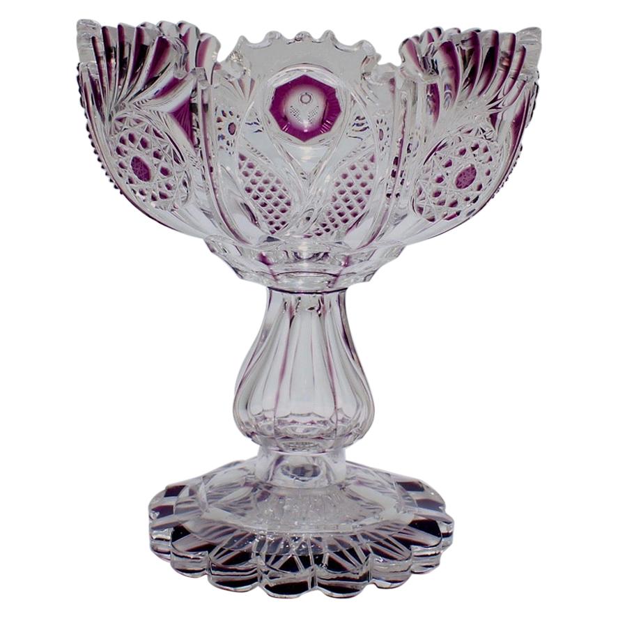 Antique Harrach Bohemian Purple Cut to Clear Glass Compote or Footed Bowl For Sale