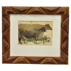 Antique Harrison Weir Cows Dairy Show Lithograph Print in Tramp Art Frame