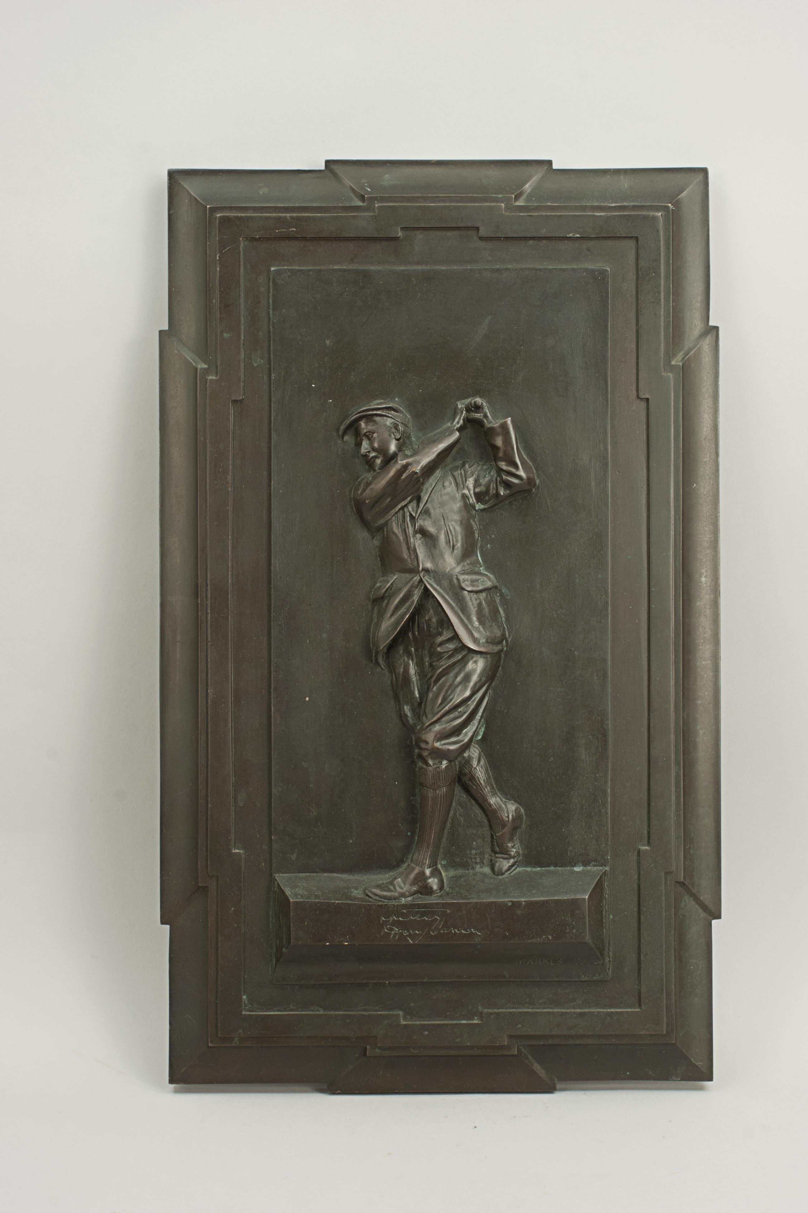 Antique bronze plaque of Harry Vardon.
A rare, MARKES, cast bronze plaque of the Champion Golfer Harry Vardon. The impressive and well known figure of Vardon is modelled in relief and mounted onto a cast moulded bronze frame and shows Vardon in the