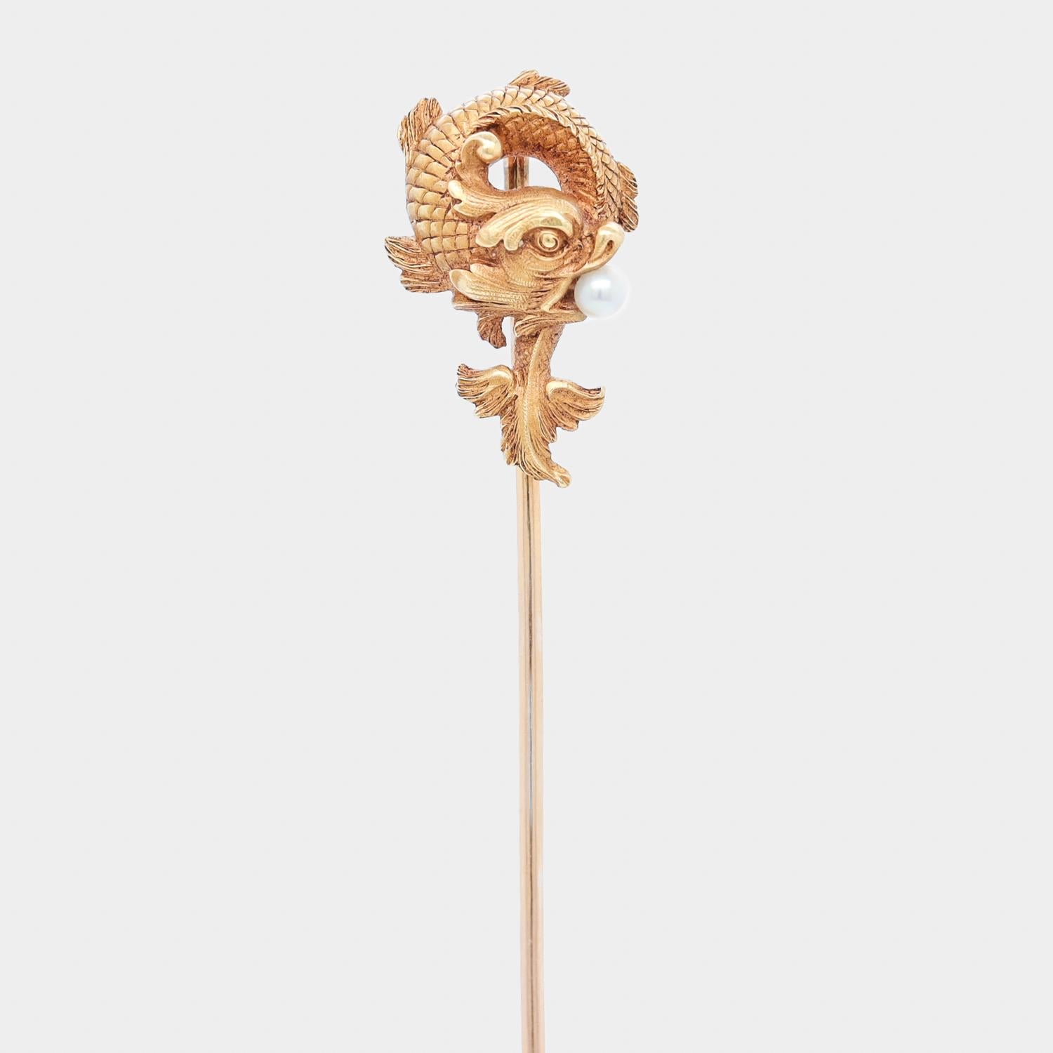 Renaissance Revival Antique Hartz et Cie French 18k Gold & Pearl Figural Fish or Dolphin Stickpin
