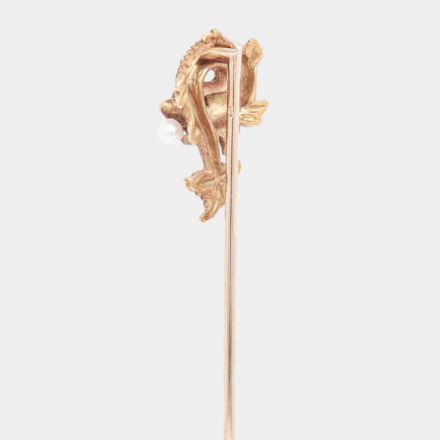 Antique Hartz et Cie French 18k Gold & Pearl Figural Fish or Dolphin Stickpin In Good Condition In Philadelphia, PA