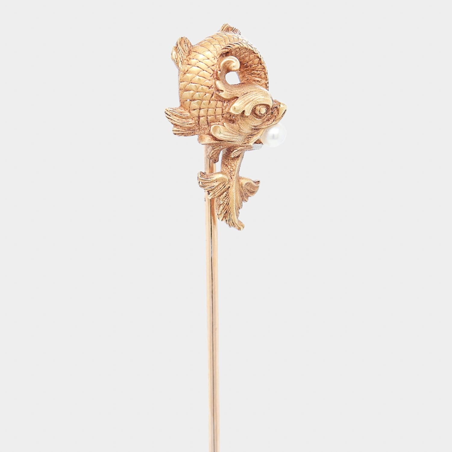 Antique Hartz et Cie French 18k Gold & Pearl Figural Fish or Dolphin Stickpin 1