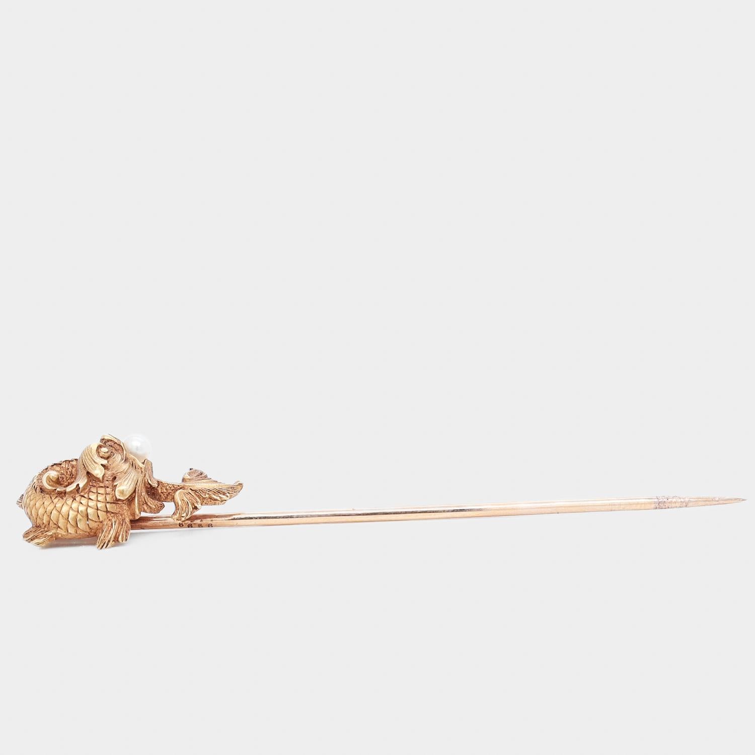 Antique Hartz et Cie French 18k Gold & Pearl Figural Fish or Dolphin Stickpin 2