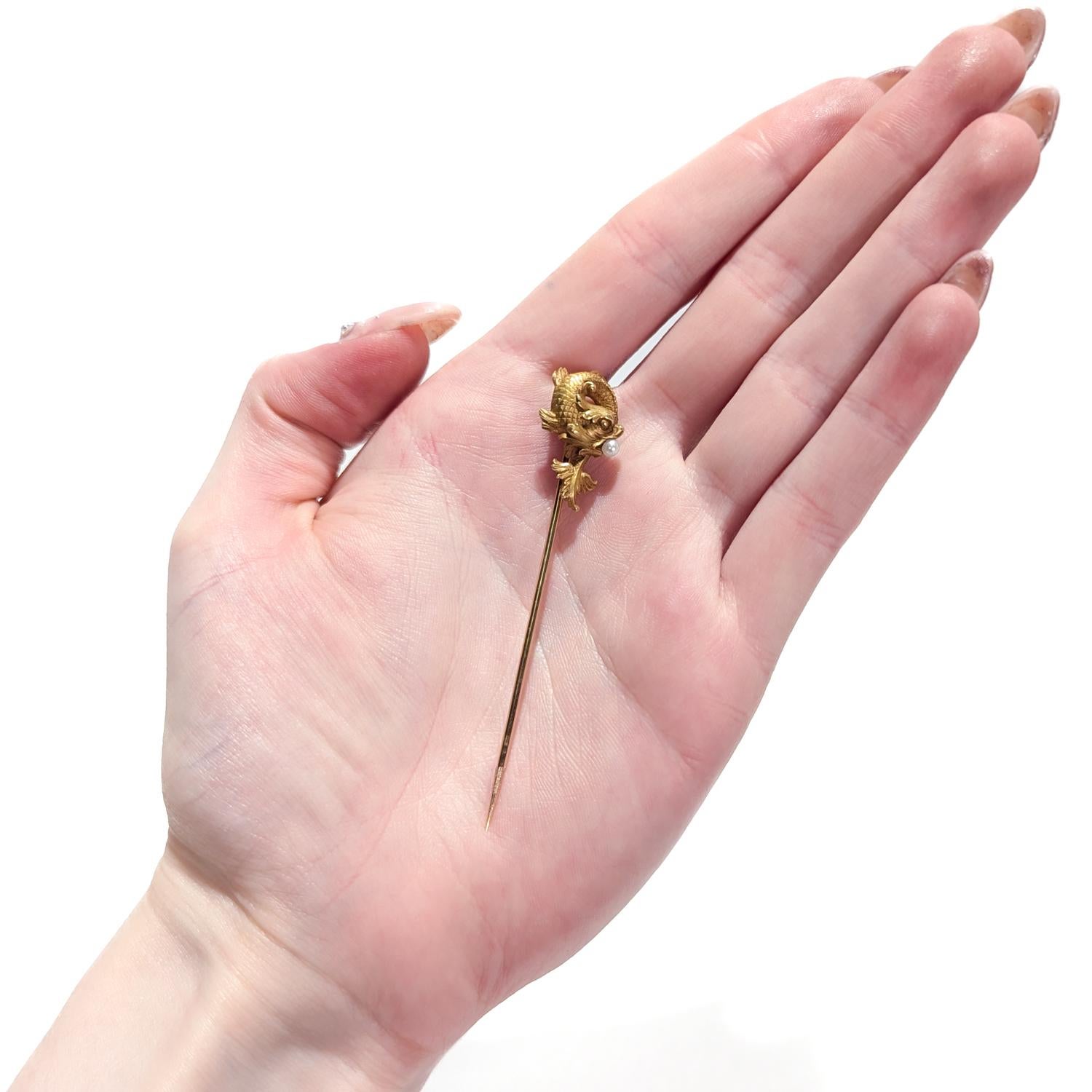 Antique Hartz et Cie French 18k Gold & Pearl Figural Fish or Dolphin Stickpin 3