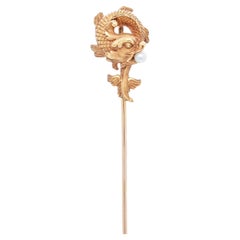 Antique Hartz et Cie French 18k Gold & Pearl Figural Fish or Dolphin Stickpin
