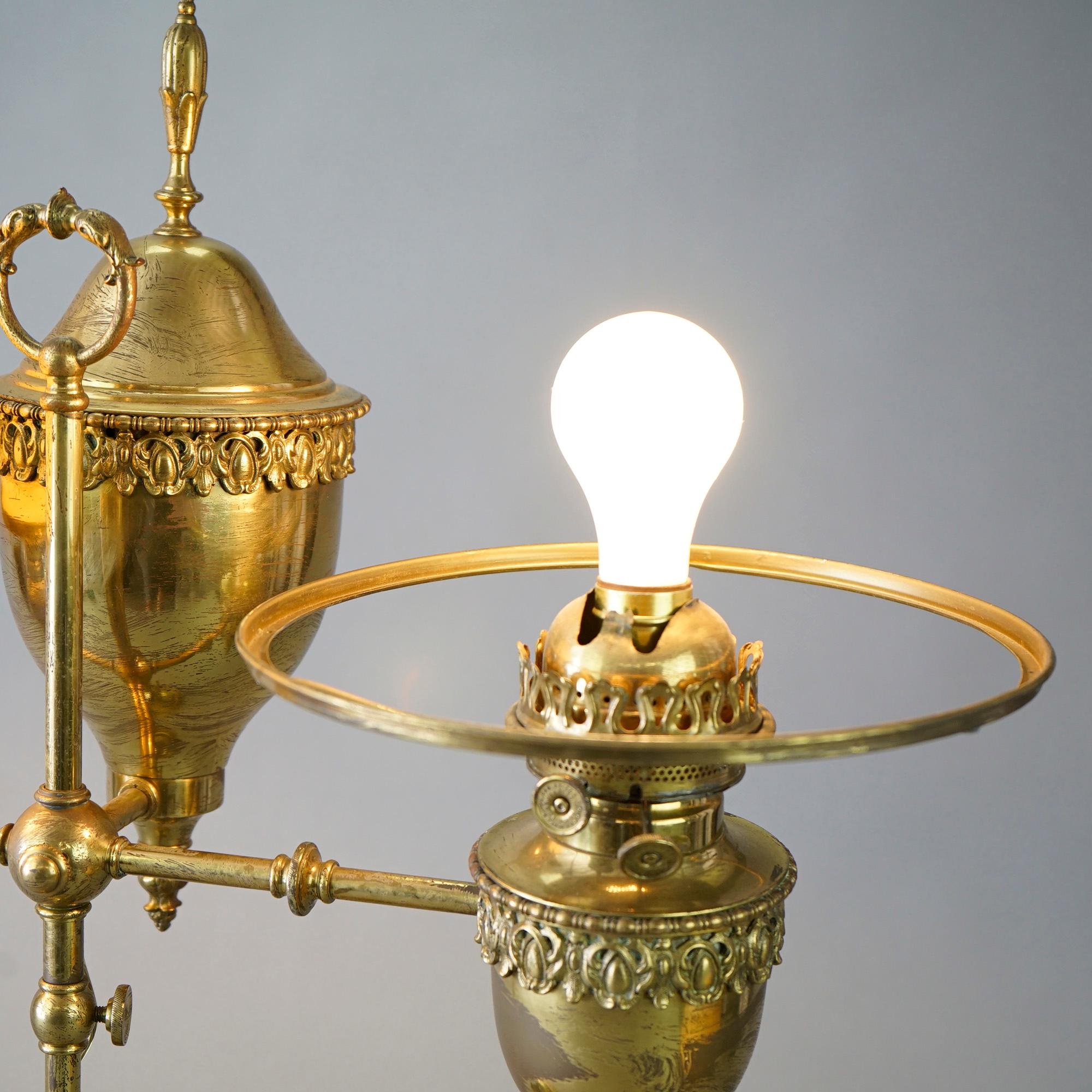 American Antique Harvard Brass Double Student Lamp with Cased Glass Shades, Circa 1890