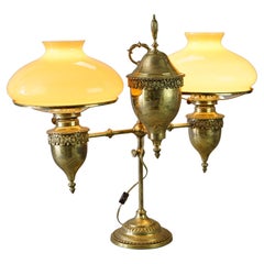 Antique Harvard Brass Double Student Lamp with Cased Glass Shades, Circa 1890