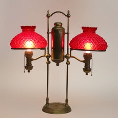 Antique Harvard Brass Double Student Lamp With Ribbed Red Shades