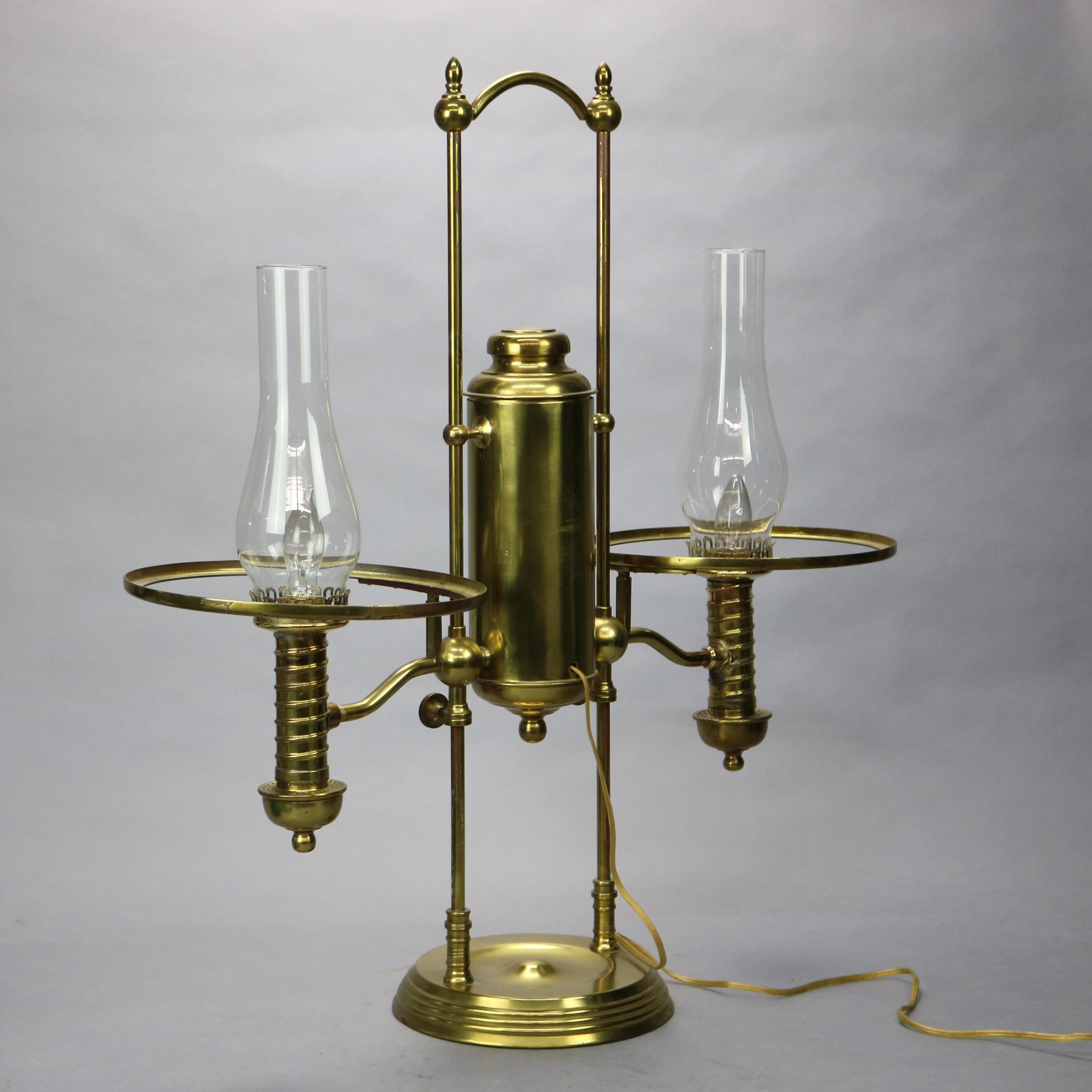 Antique Harvard School Brass Double Student Lamp & Emerald Glass Shades, 1890 3