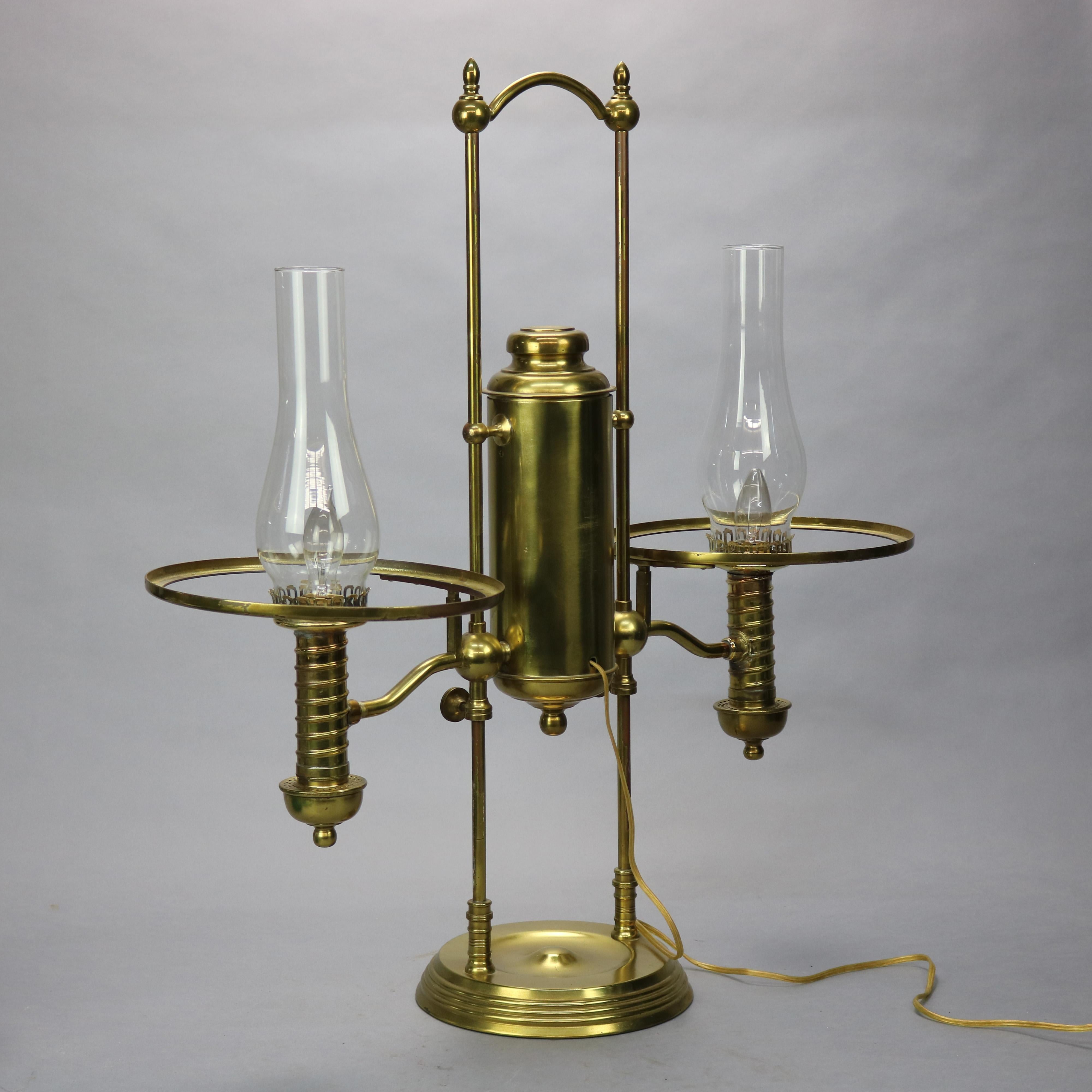Antique Harvard School Brass Double Student Lamp & Emerald Glass Shades, 1890 4
