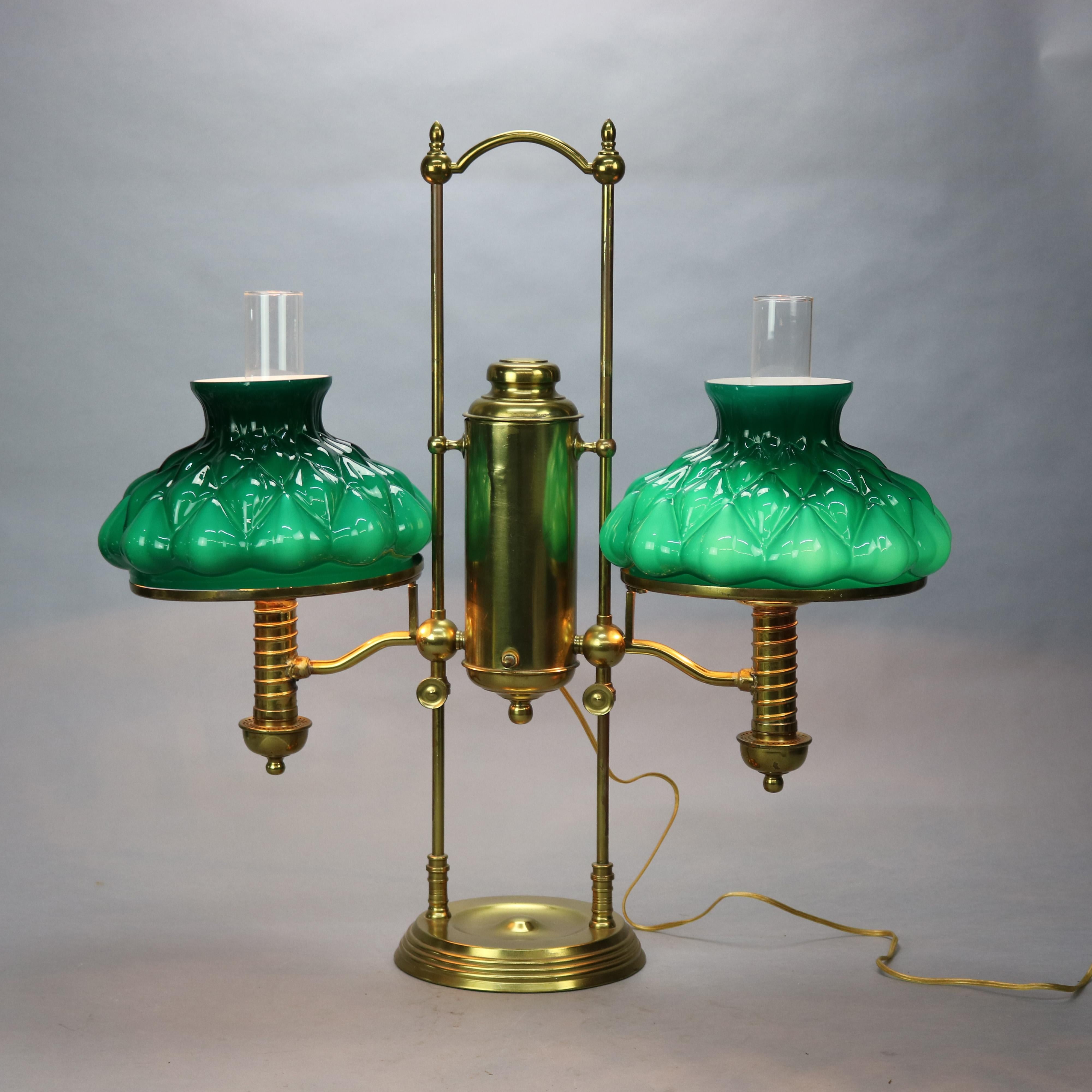 Antique Harvard School Brass Double Student Lamp & Emerald Glass Shades, 1890 5