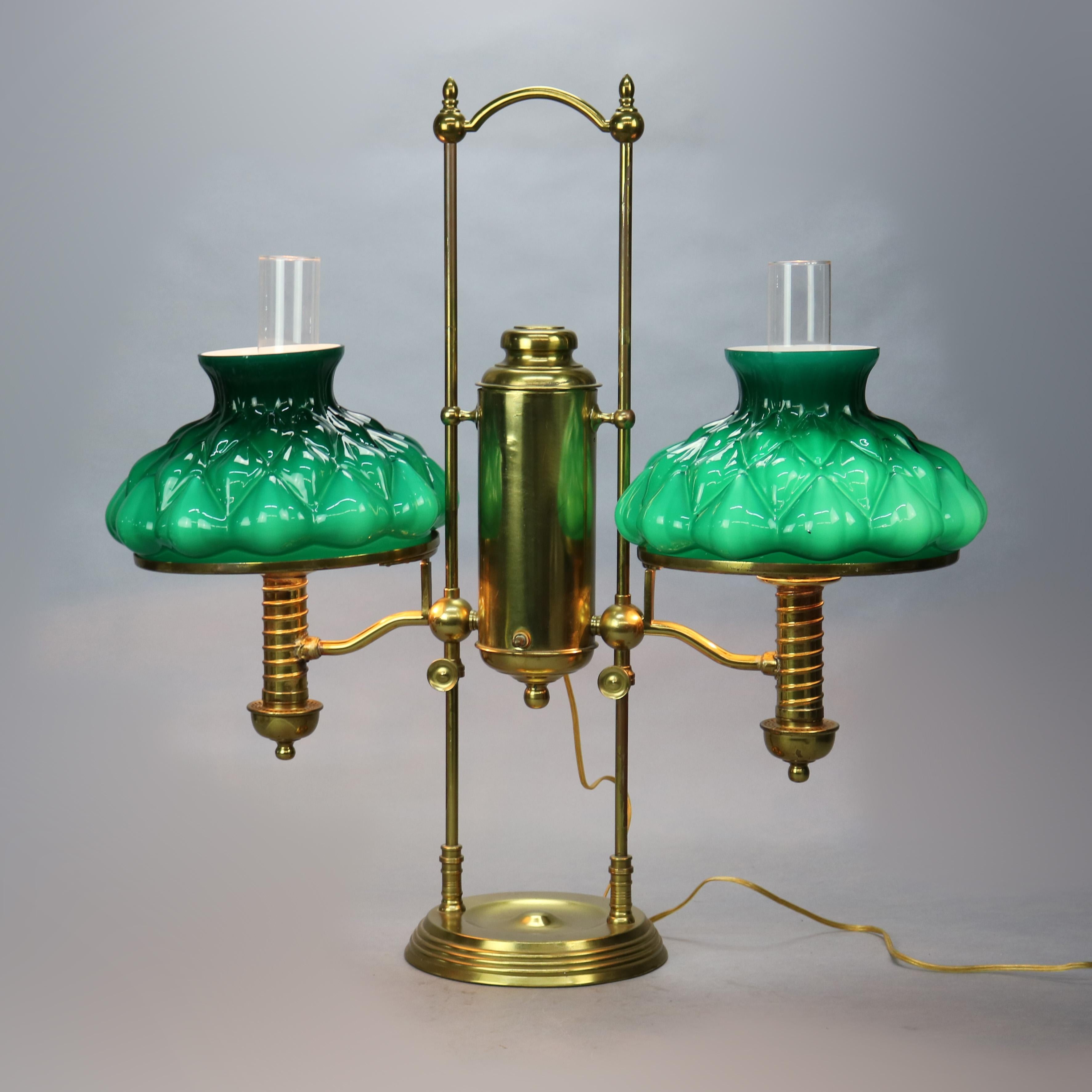 Antique Harvard School Brass Double Student Lamp & Emerald Glass Shades, 1890 6