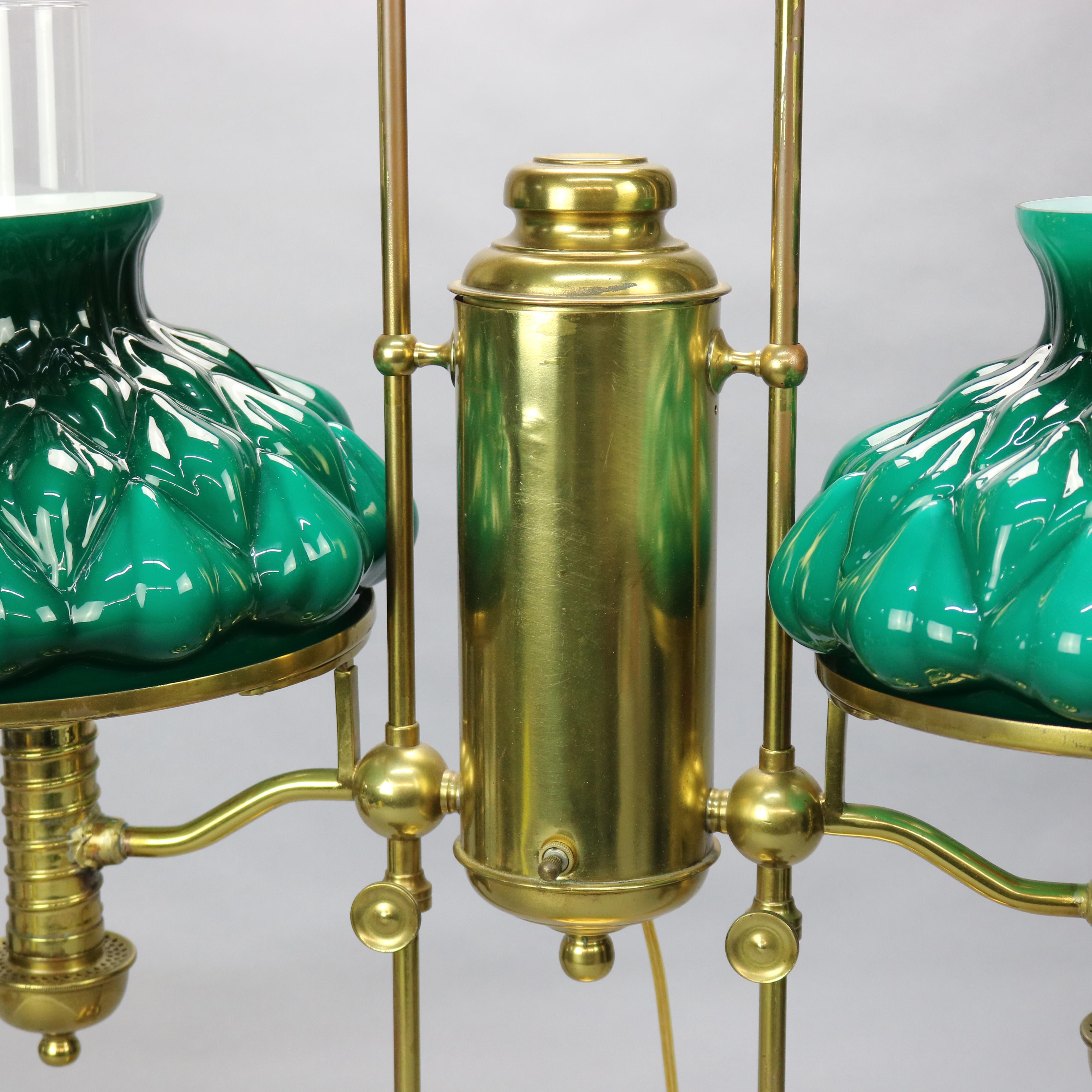 American Antique Harvard School Brass Double Student Lamp & Emerald Glass Shades, 1890