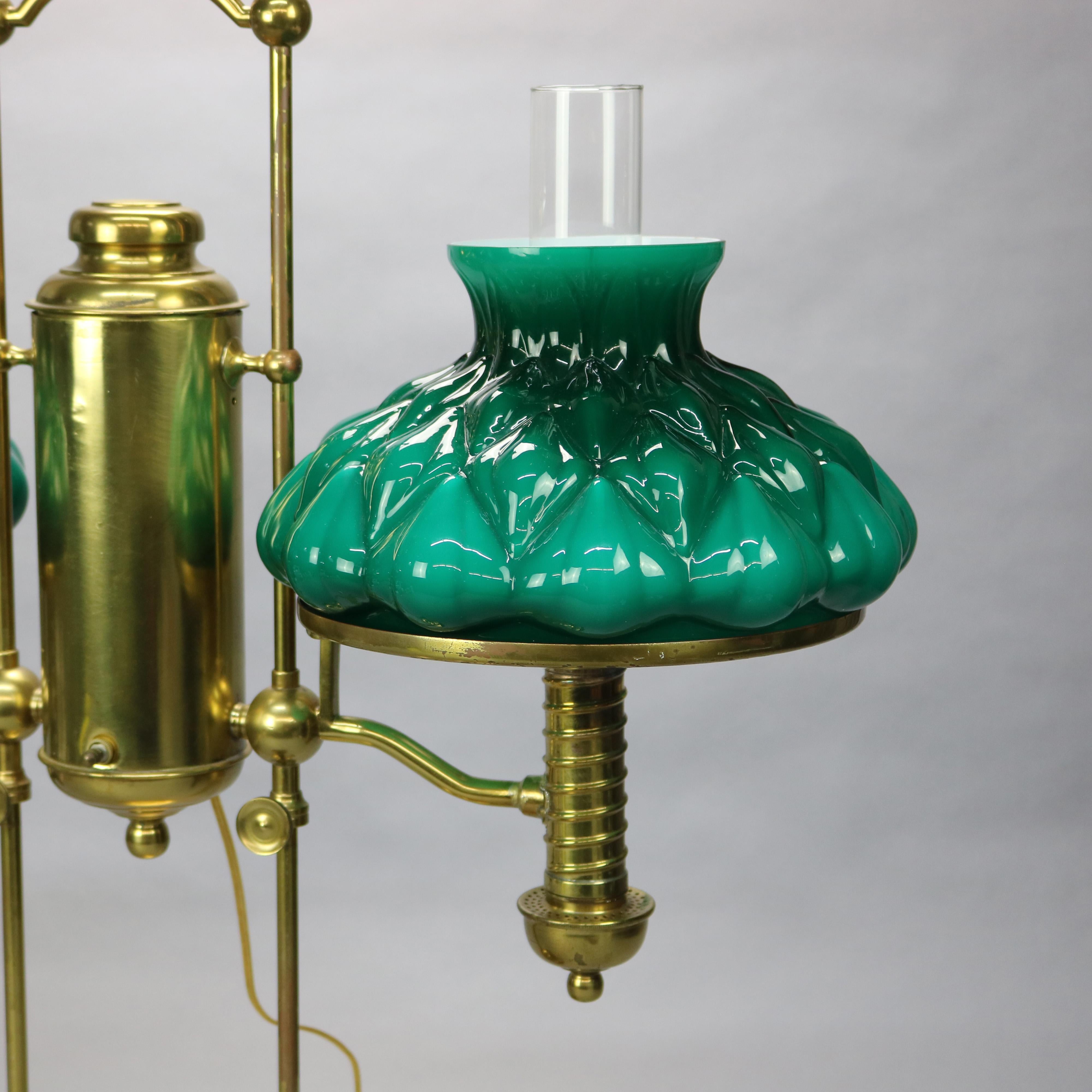 Cast Antique Harvard School Brass Double Student Lamp & Emerald Glass Shades, 1890