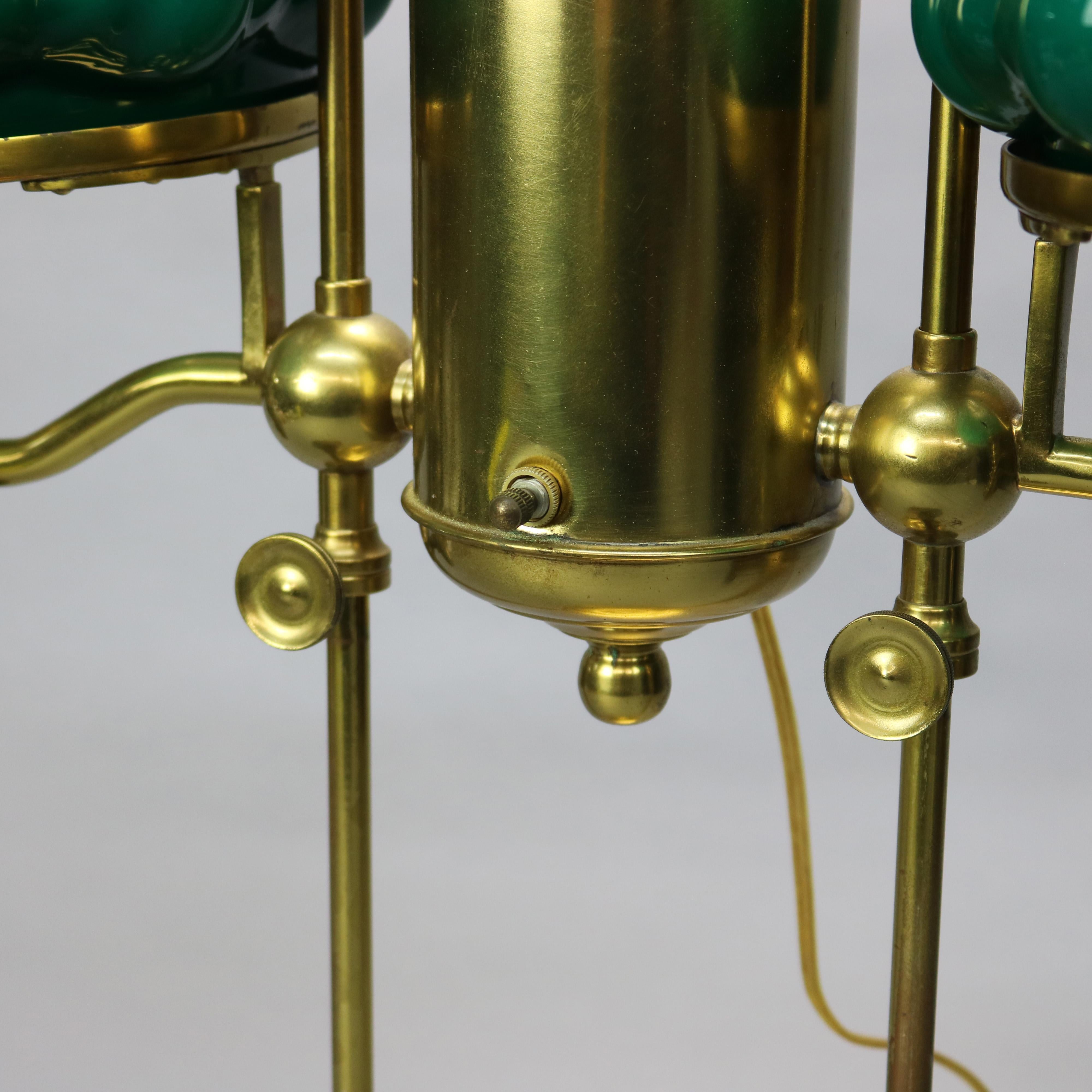 Antique Harvard School Brass Double Student Lamp & Emerald Glass Shades, 1890 In Good Condition In Big Flats, NY