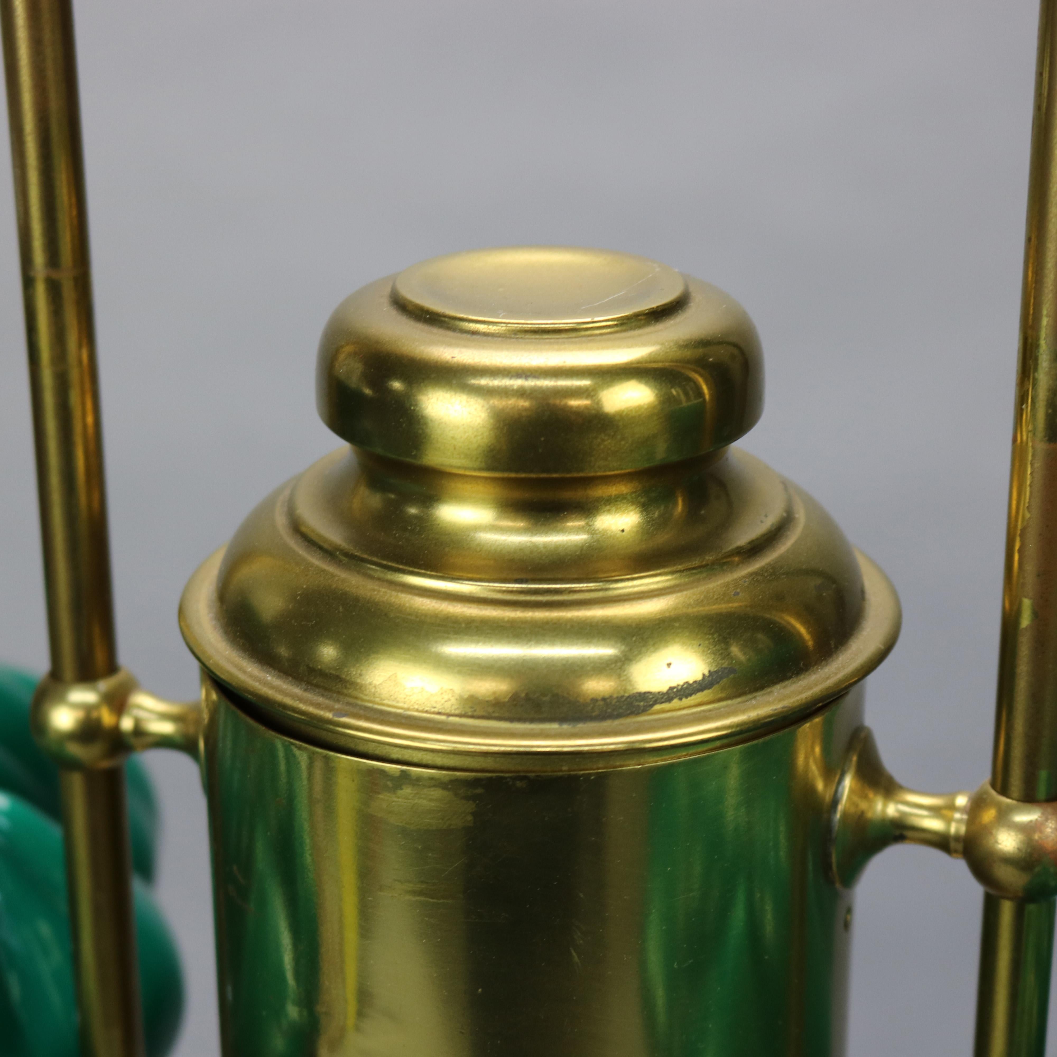 Antique Harvard School Brass Double Student Lamp & Emerald Glass Shades, 1890 1