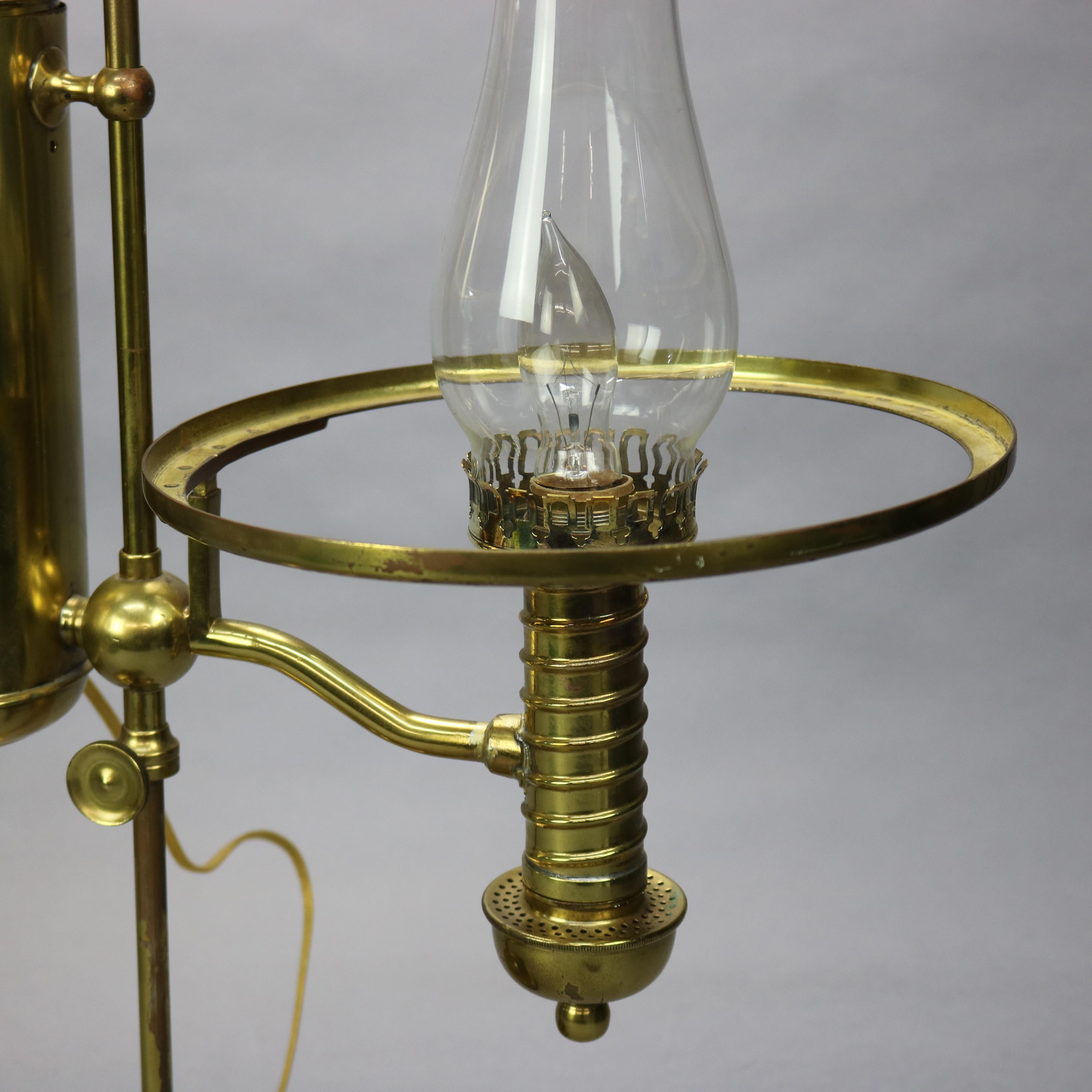 Antique Harvard School Brass Double Student Lamp & Emerald Glass Shades, 1890 1